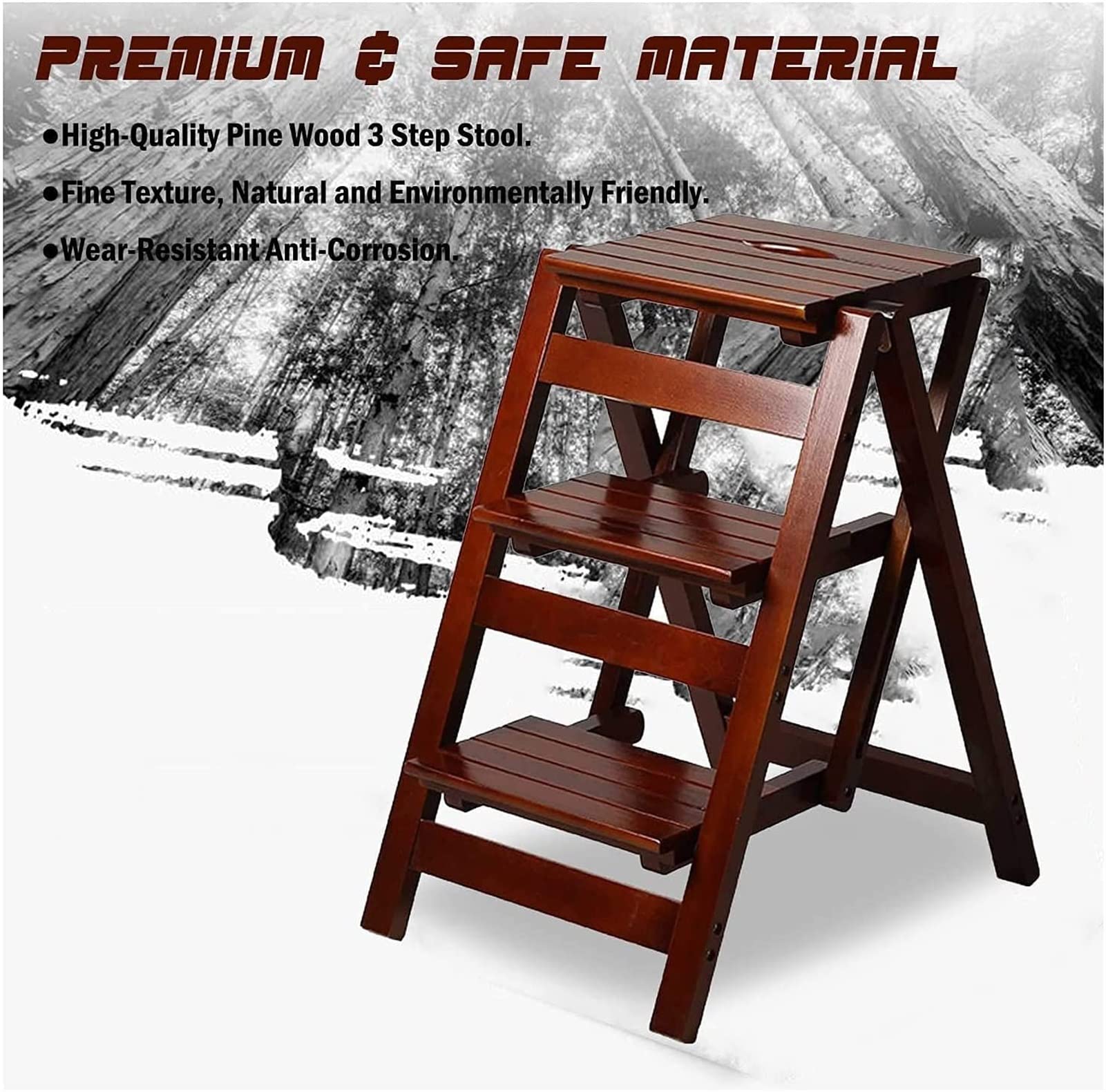 2-Step Wooden Folding Ladder - Multifunctional Step Stool for Home, Kitchen, Library & Household Work - Indoor Climbing Stair Chair (Brown) - Perfect for Reaching High Shelves, Organizing Pantries & Home DIY Projects