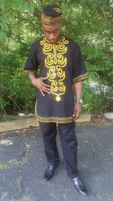 Stylish Black and Gold Embroidered Dashiki Top and Pants Set DPJD200GS | African Print Outfit for Men | Perfect for Cultural Events, Weddings & Festivals
