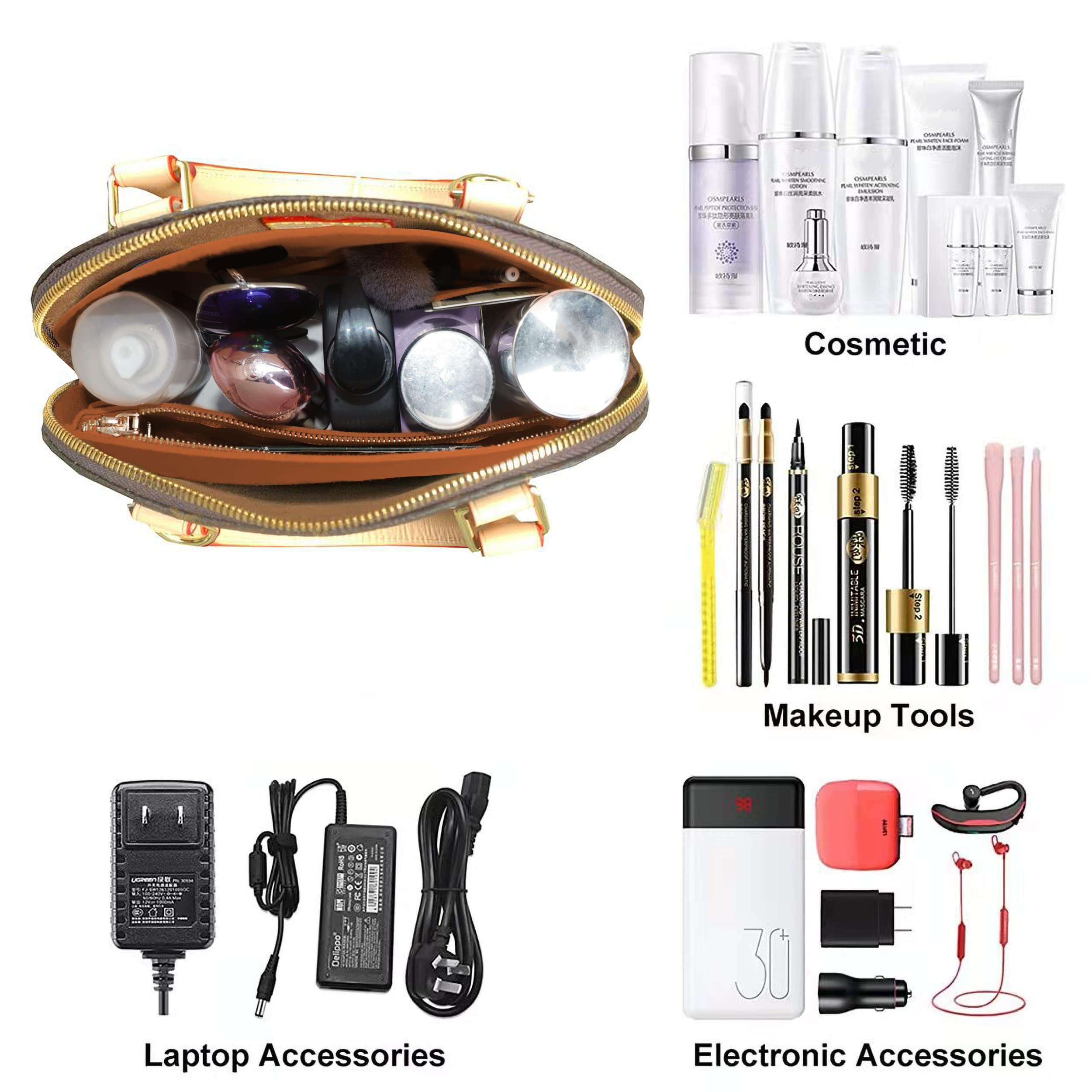 Felt Purse Organizer Insert with Zipper - Bag Organizer for Louis Vuitton Alma BB PM & Tote Bags - Handbag Shell Shaper (Brown) | Perfect for Travel, Work & Daily Organization
