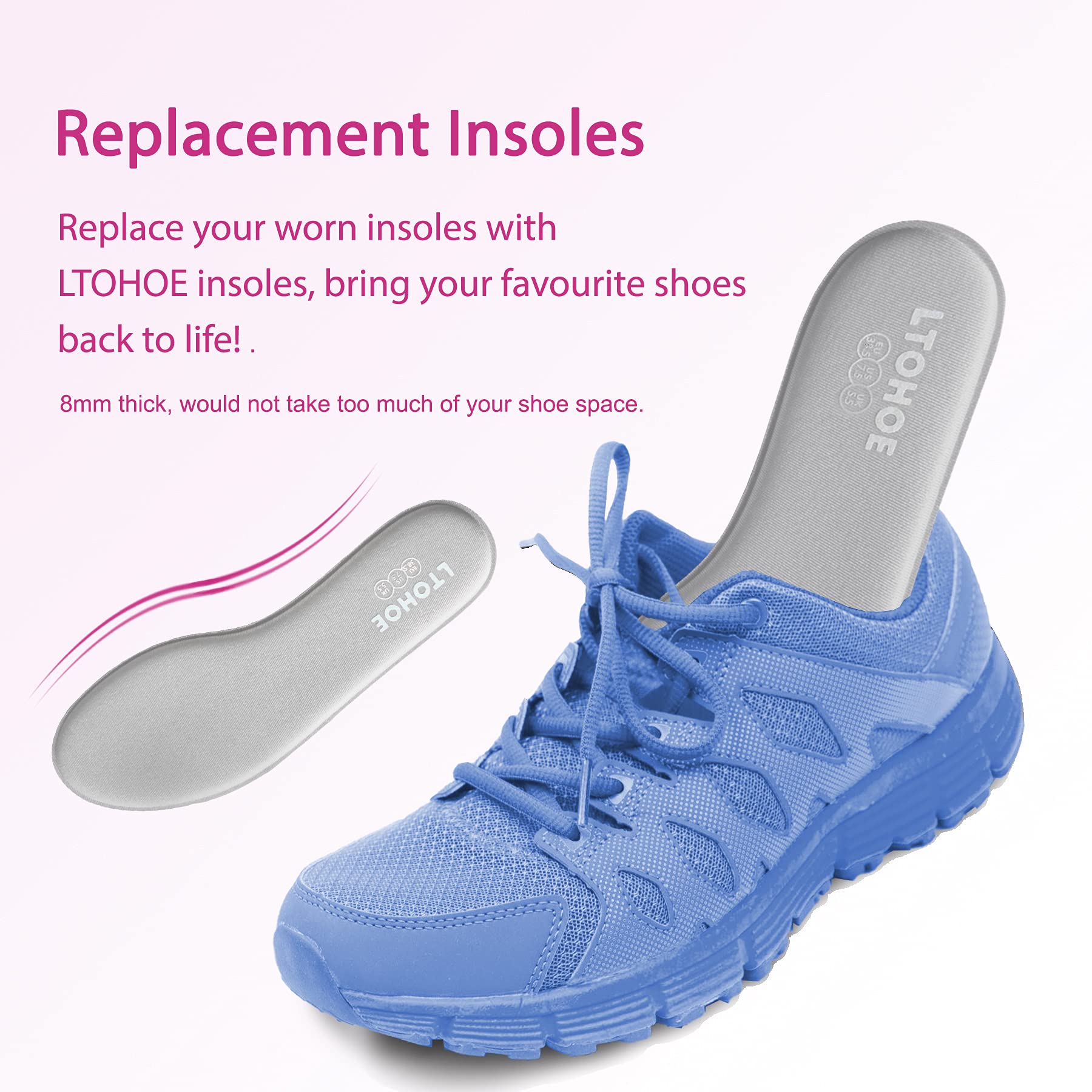 LTOHOE Women's Memory Foam Shoe Insoles - 8mm Cushioned Orthotic Inserts for Running, Hiking & Sneakers - Shock Absorbing Foot Pain Relief & Comfort Support (Gray, US 7.5) - Perfect for Workouts, Long Walks & Everyday Wear