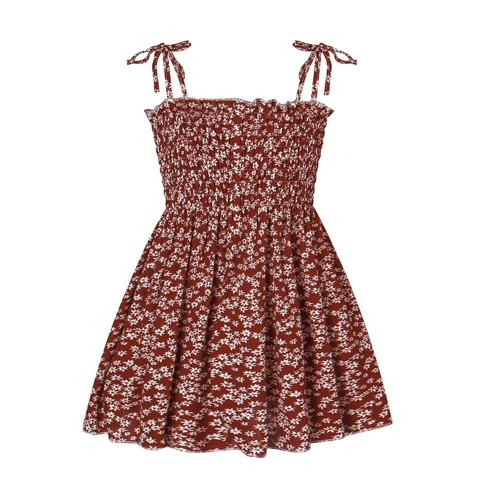 Girls' Strap Suspender Solid Color Beach Dress - Floral Summer Sleeveless Skirt Dress for Kids - Perfect for Beach Vacations, Playdates & Summer Outfits