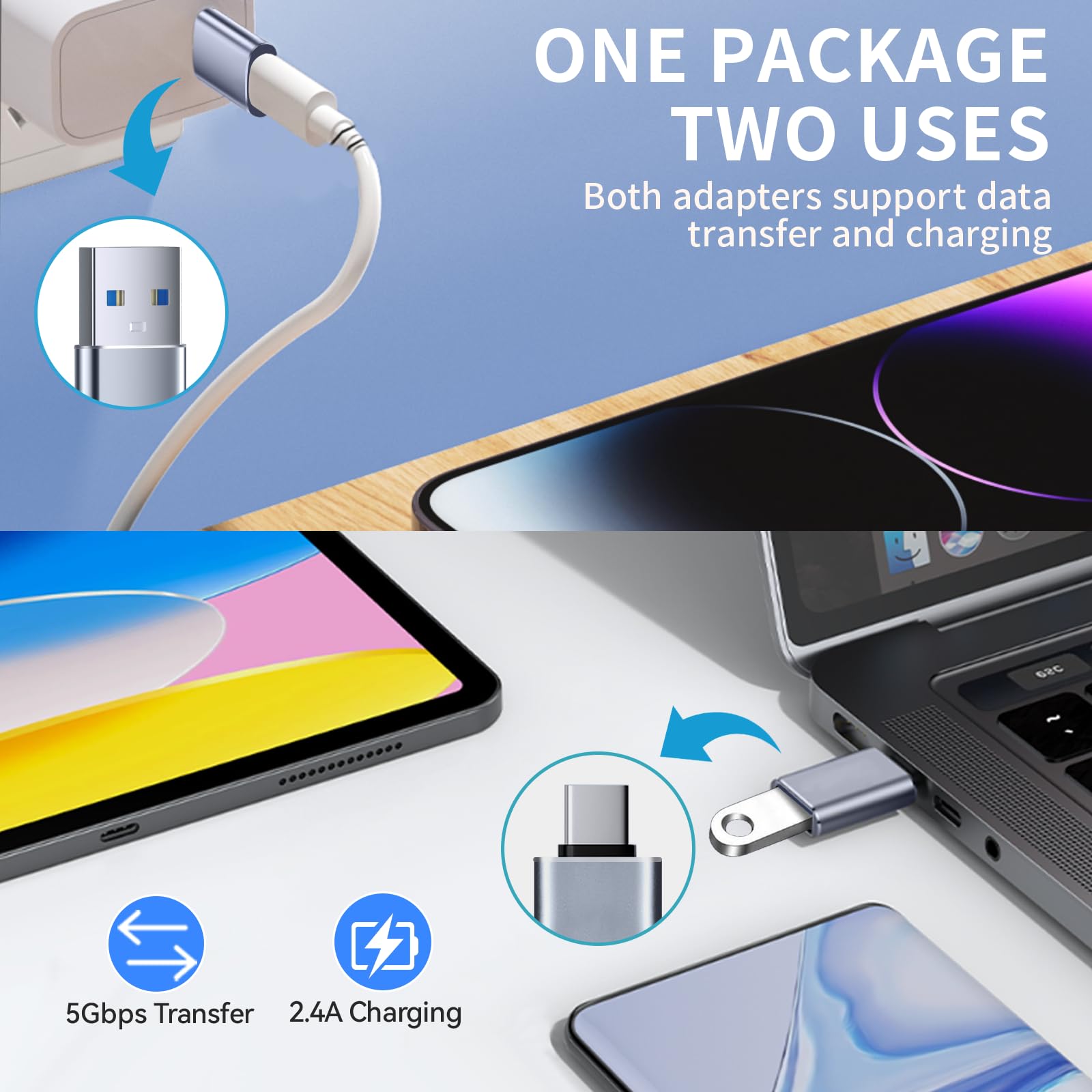 4-Pack USB to USB C Adapter Set - 2x Type C Female to USB A Male & 2x USB C Male to USB 3.0 Female - Compatible with iPhone 15 Pro Max/14/13/12, Apple Watch, AirPods, Samsung Galaxy - OTG Charging Adapter for Phones, Tablets & Laptops