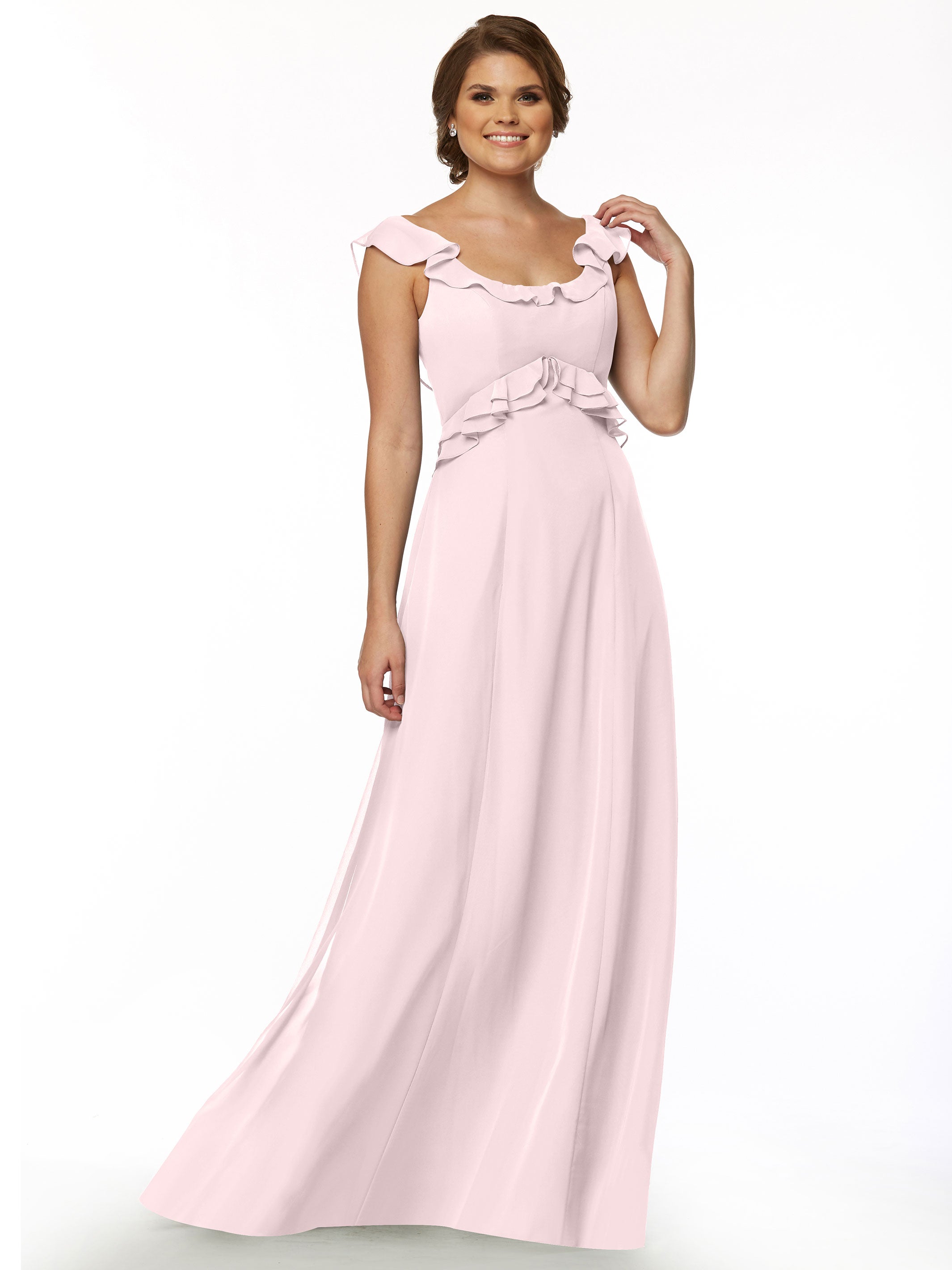 Elegant Off-the-Shoulder Chiffon Bridesmaid Dress with Ruffled Bodice - A-Line Silhouette for Weddings, Parties & Formal Events (Style 80173)