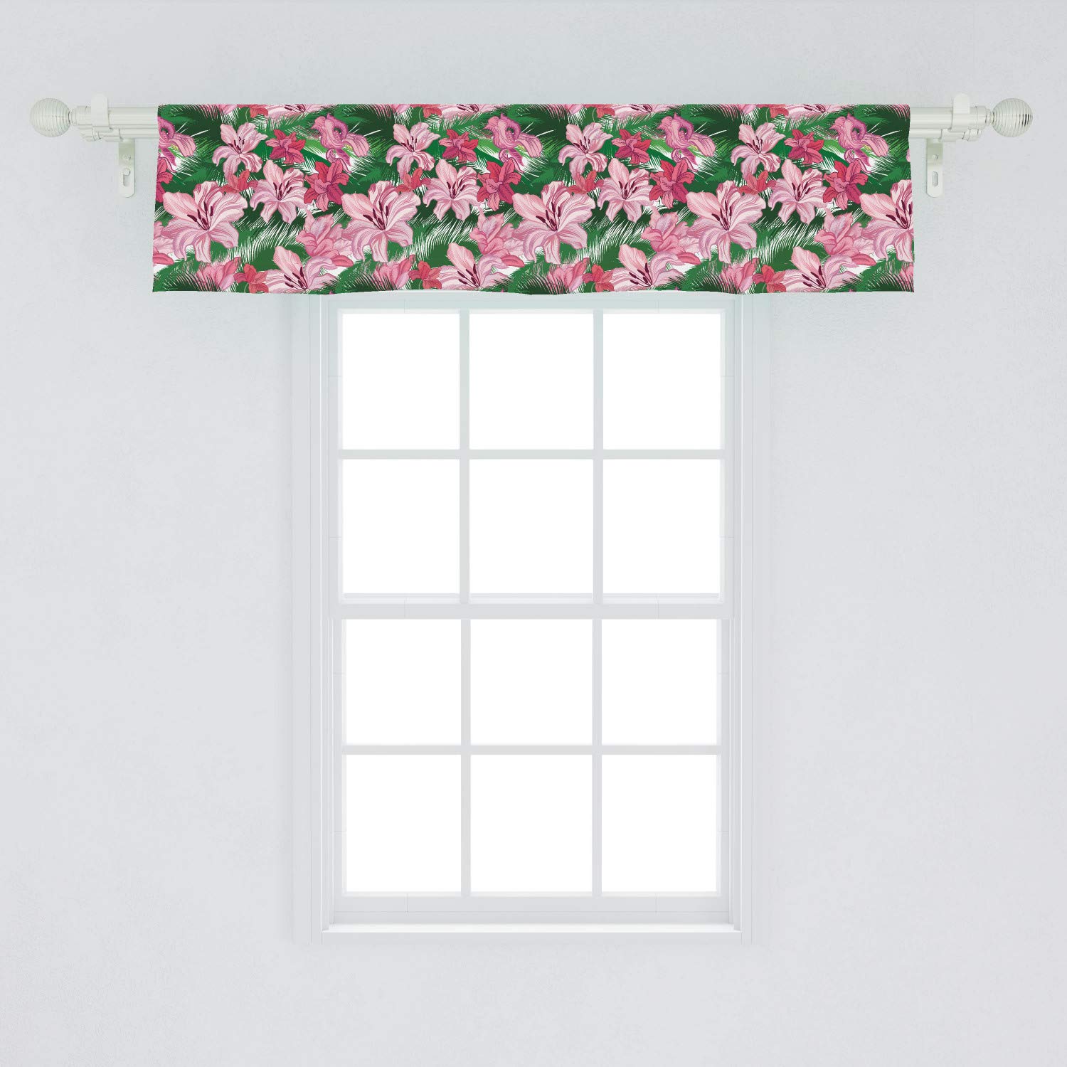Ambesonne Jungle Window Valance - Exotic Hawaiian Island Blossoms Pink Floral Curtain Valance with Rod Pocket, 54x12 Inches, Emerald Pink - Perfect for Kitchen & Bedroom Decor, Tropical Home Accent