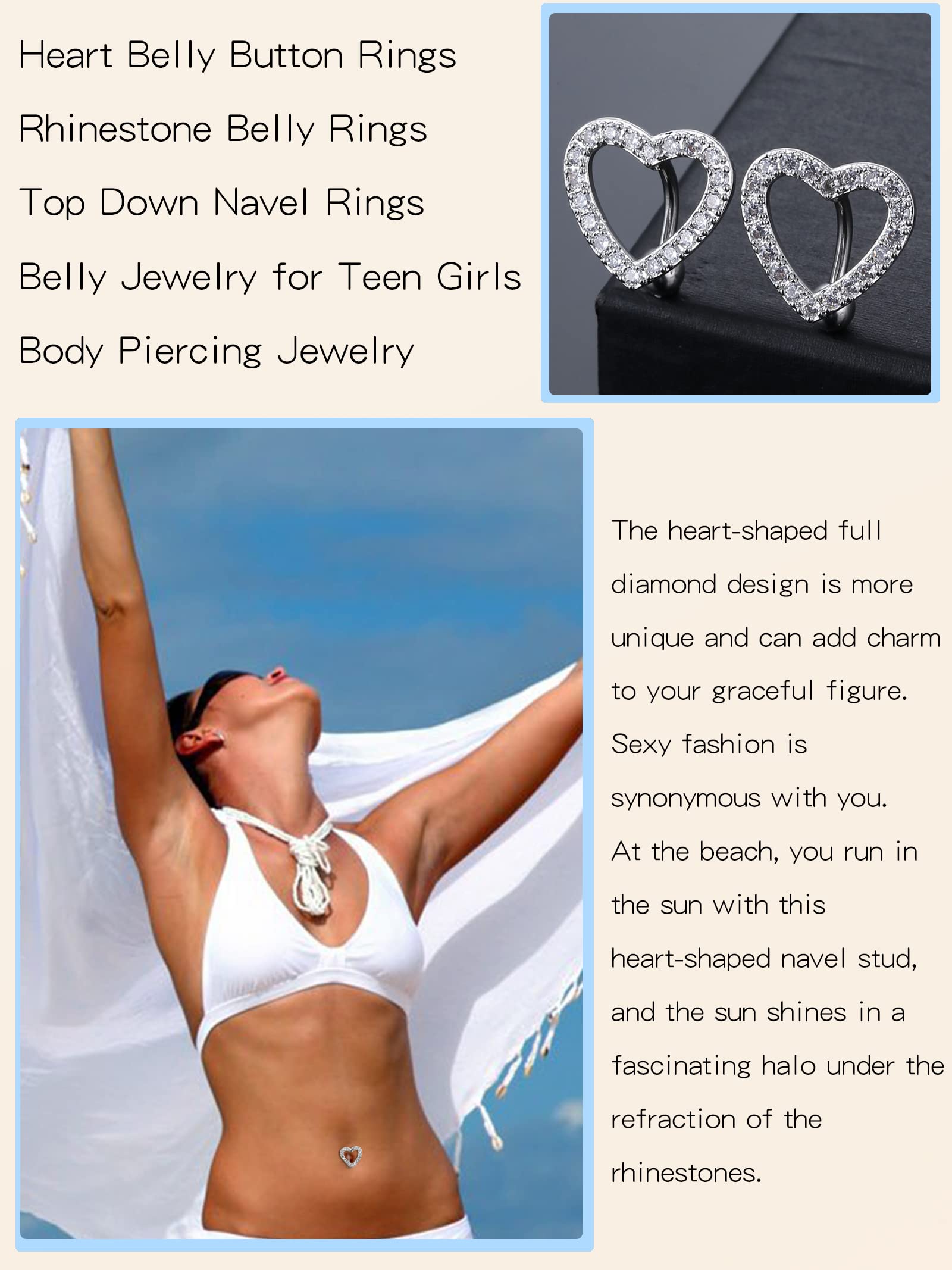 Frodete Rhinestone Belly Button Rings - Hypoallergenic Navel Jewelry for Women & Teen Girls - Top Down Belly Rings for Body Piercing - Perfect for Summer Beach, Pool Parties & Festival Outfits
