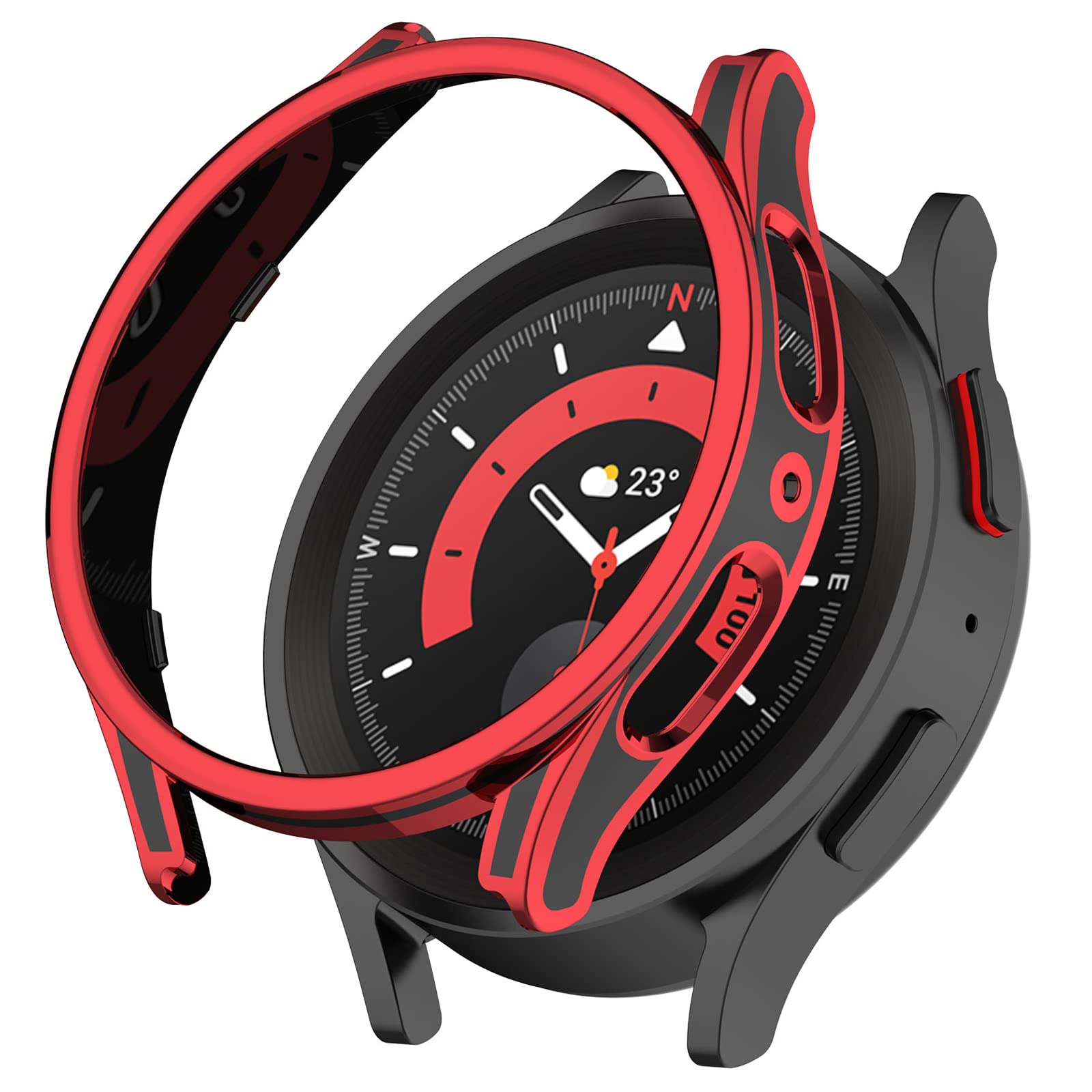 Samsung Watch 5 44mm Protective Case Cover with Tempered Glass Screen Protector - Full Coverage, Soft & Durable Smartwatch Accessories (Black+Red) for Workout, Running & Daily Use