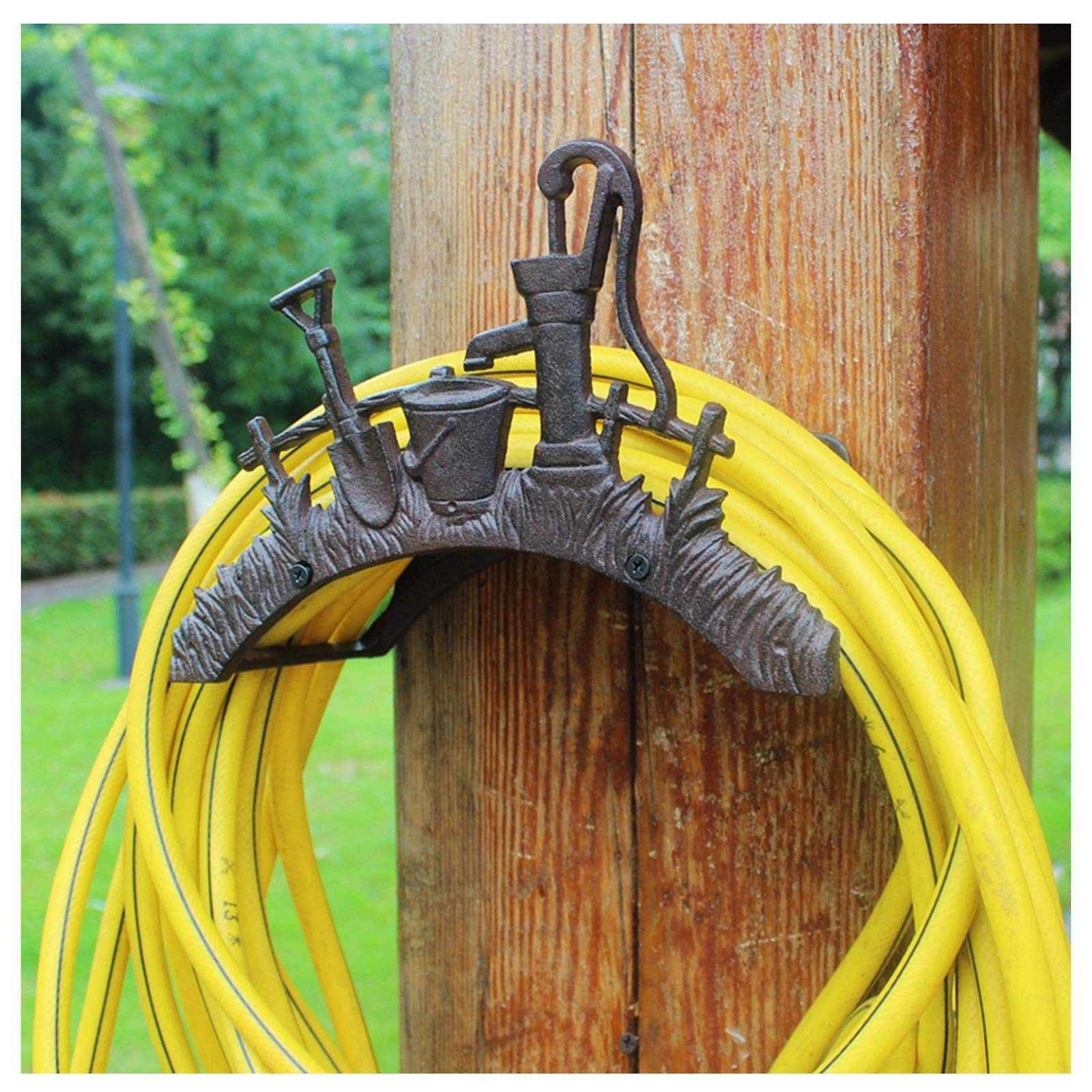 Vintage Cast Iron Wall Mounted Garden Hose Rack Holder - 27.2×13.2×19cm Outdoor Water Hose Storage Hanger for Lawn, Fence, Yard Decor - Perfect for Country House, Farmhouse, and Cottage Style Gardens