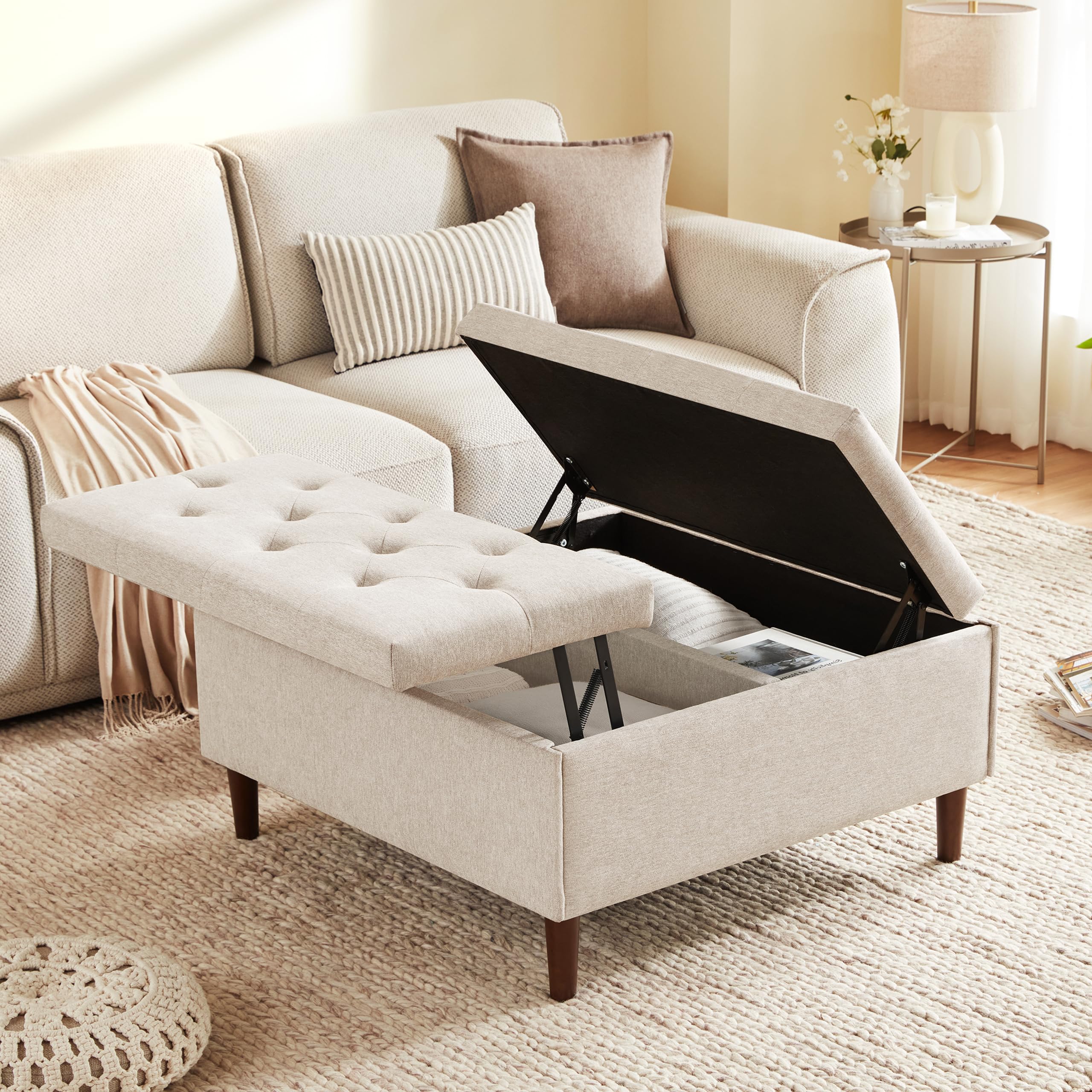 35 Inch Extra Large Storage Ottoman Coffee Table with Lift Top - Oversized Square Tufted Upholstered Ottoman for Living Room, Bedroom & Office (Fabric, Beige) - Perfect for Storing Blankets, Magazines & Home Decor