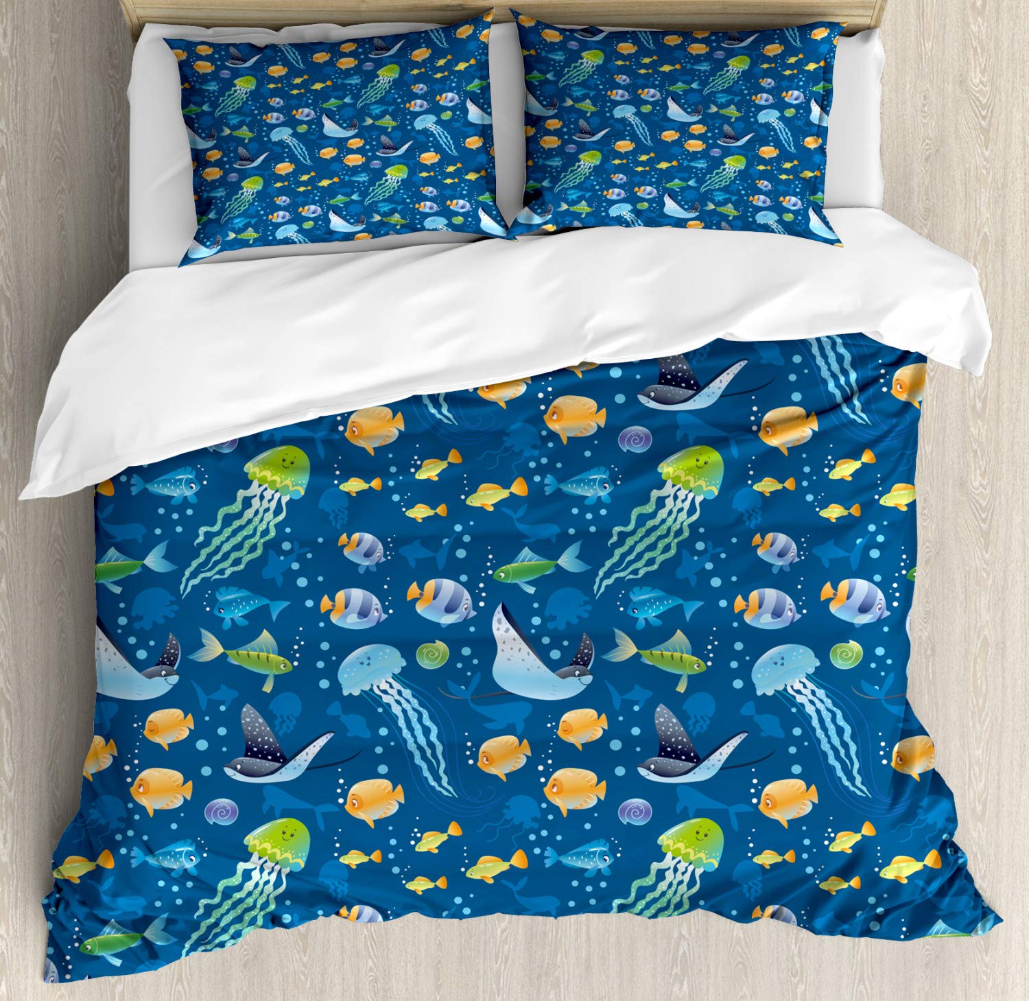 Ambesonne Under The Sea Duvet Cover Set - Queen Size Dark Sky Blue Multicolor with Fish, Turtle & Nautical Creatures Design | 3-Piece Bedding Set with 2 Pillow Shams | Perfect for Beach Themed Bedrooms, Kids Rooms & Ocean Lovers
