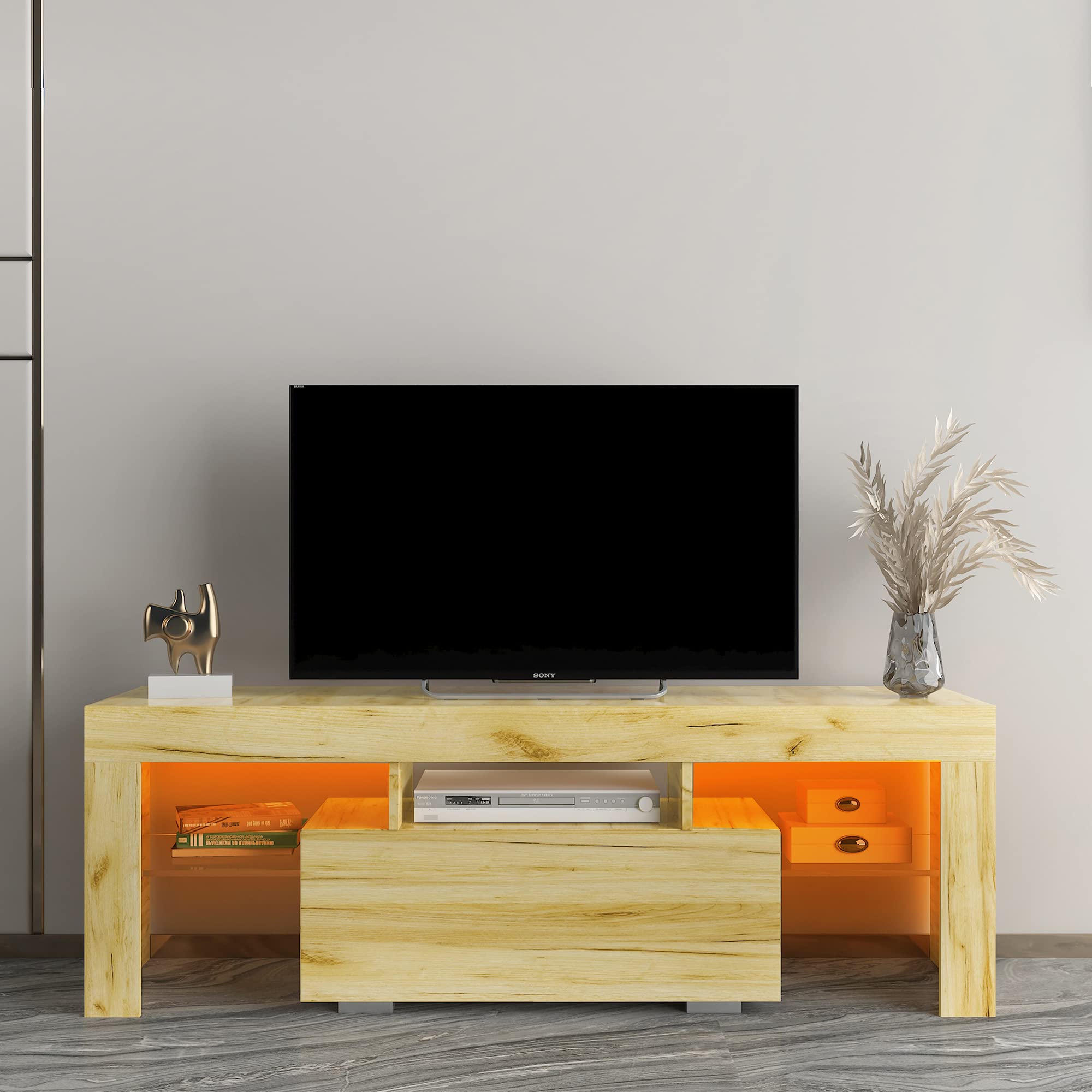 Modern TV Stand with RGB LED Lights - Oak Wood Entertainment Center for Flat Screen TVs & Gaming Consoles - Perfect for Living Room, Lounge & Home Theater Setup