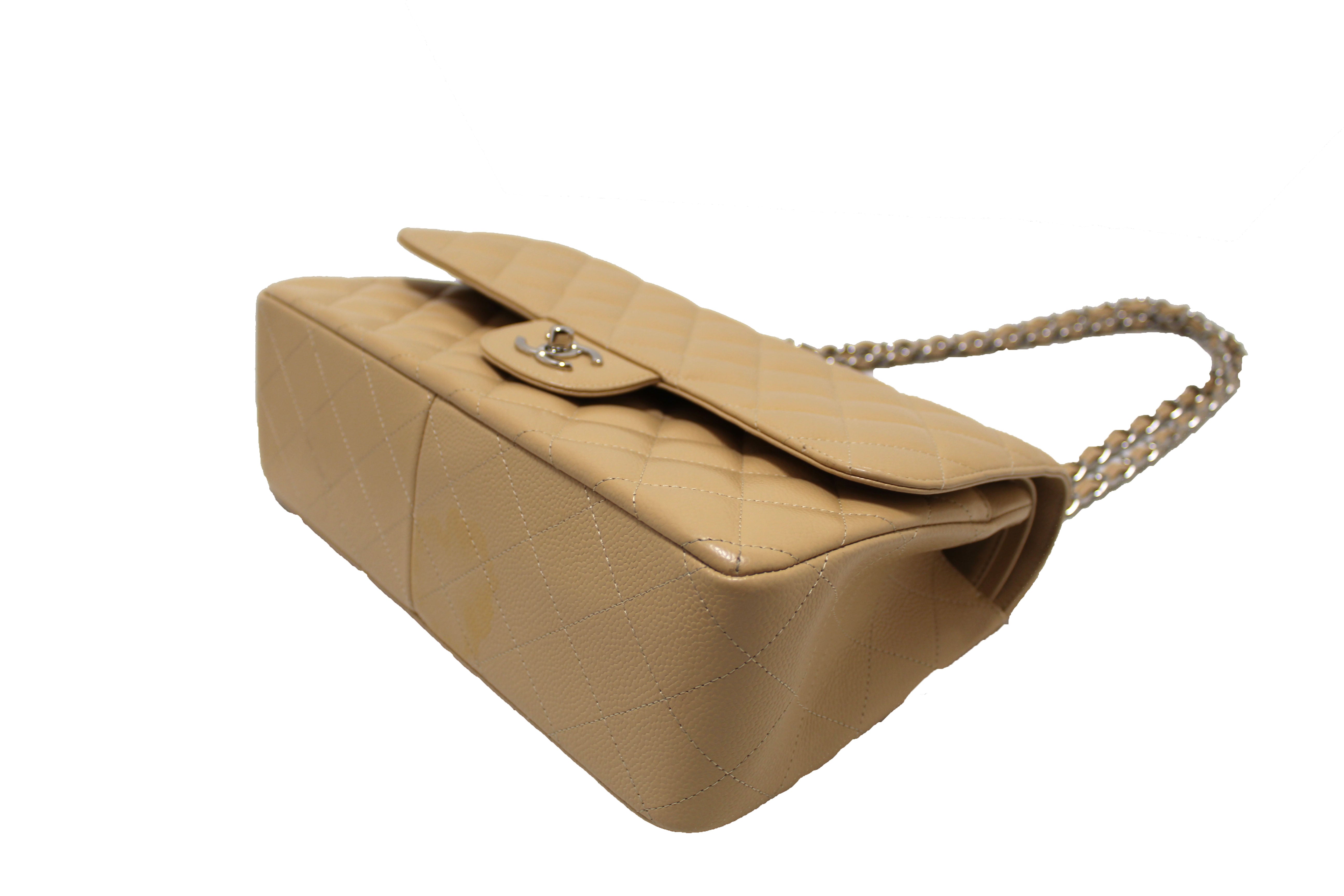 Authentic Chanel Beige Quilted Caviar Leather Classic Jumbo Double Flap Bag - Luxury Designer Handbag for Women, Perfect for Parties, Weddings & Everyday Elegance