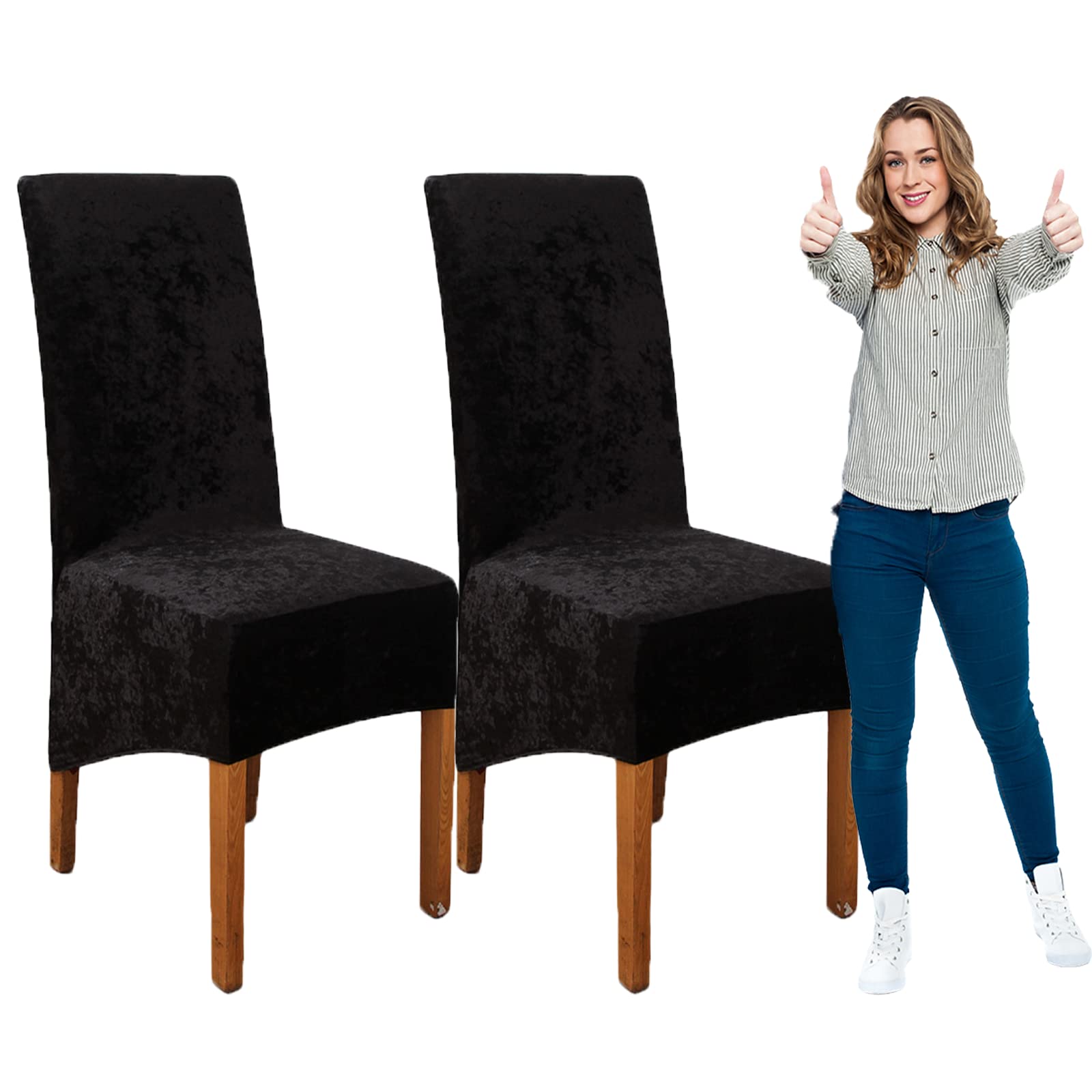 Stretchy Spandex Dining Chair Covers with Elastic Band - Velvet Large Slipcovers for Restaurant, Hotel, Party & Banquet (Black, Set of 2) - Perfect for Home Dining Room, Wedding Events & Commercial Use