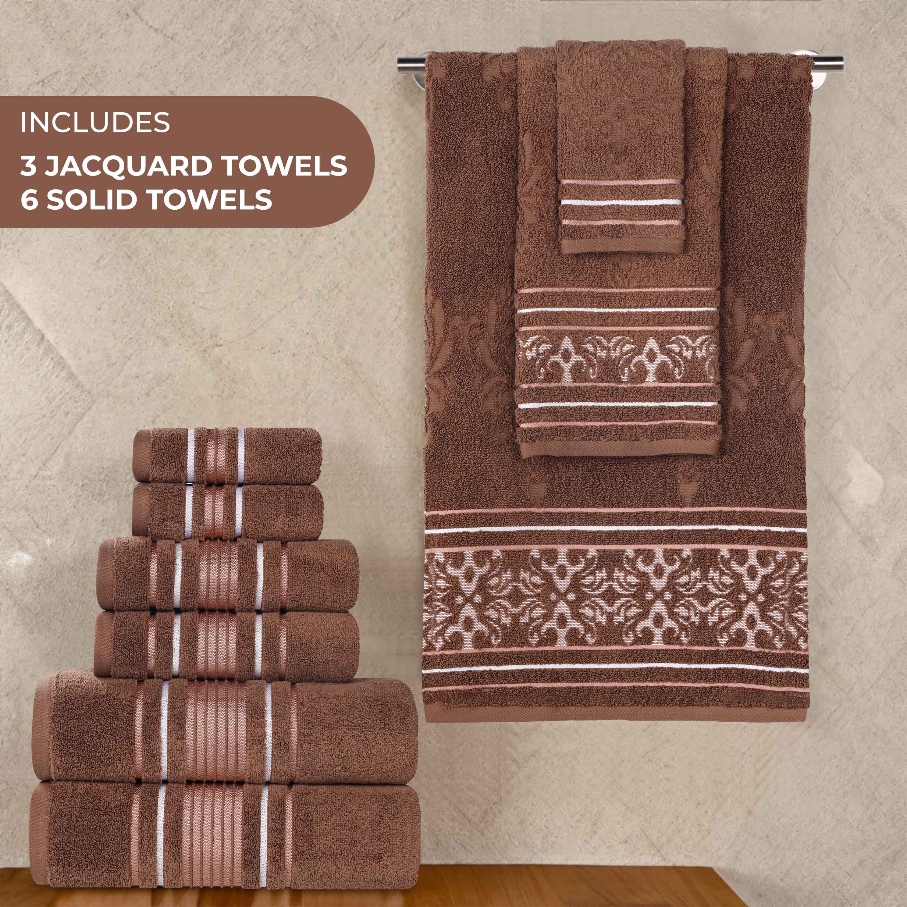 Premium 9-Piece Sadie Zero Twist Cotton Towel Set - Solid & Jacquard Floral Design | Ultra Soft & Absorbent Bath Towels, Hand Towels & Washcloths | Perfect for Spa, Bathroom & Luxury Home Decor