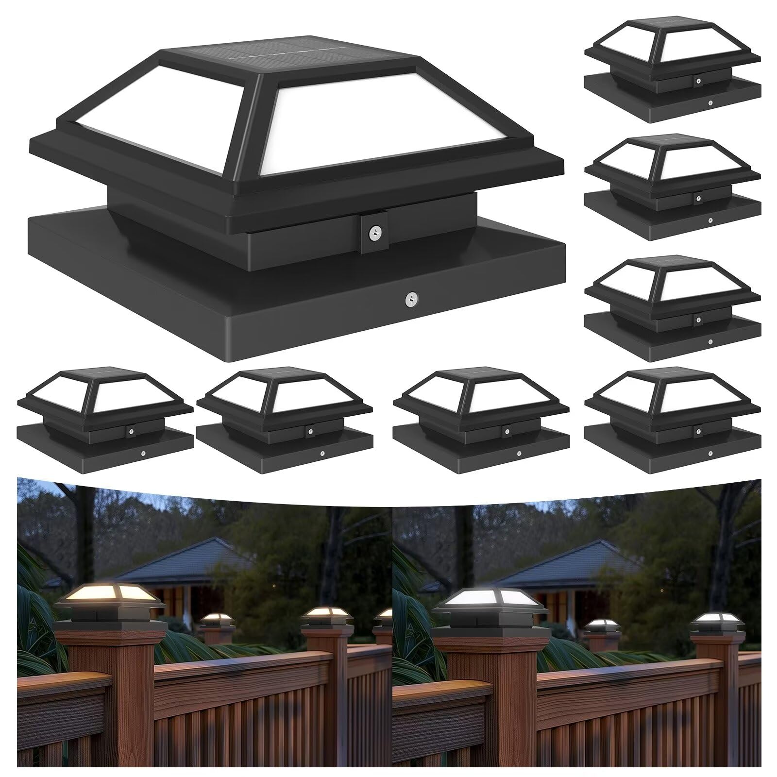 8 Pack Solar Post Cap Lights - Waterproof Outdoor LED Fence Lights for 4x4, 5x5, 6x6 Vinyl/Wooden Posts - Bright Deck, Patio & Garden Lighting for Nighttime Safety & Ambience