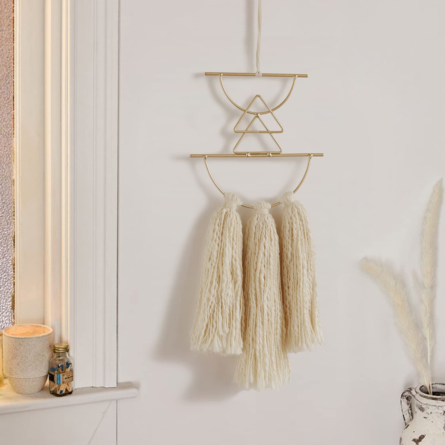 Boho Macrame Wall Hanging - Small Metal Wall Art Decor for Living Room & Bedroom - Ivory 13x4.7 Inch - Perfect for Home, Apartment, Nursery & Office Decor