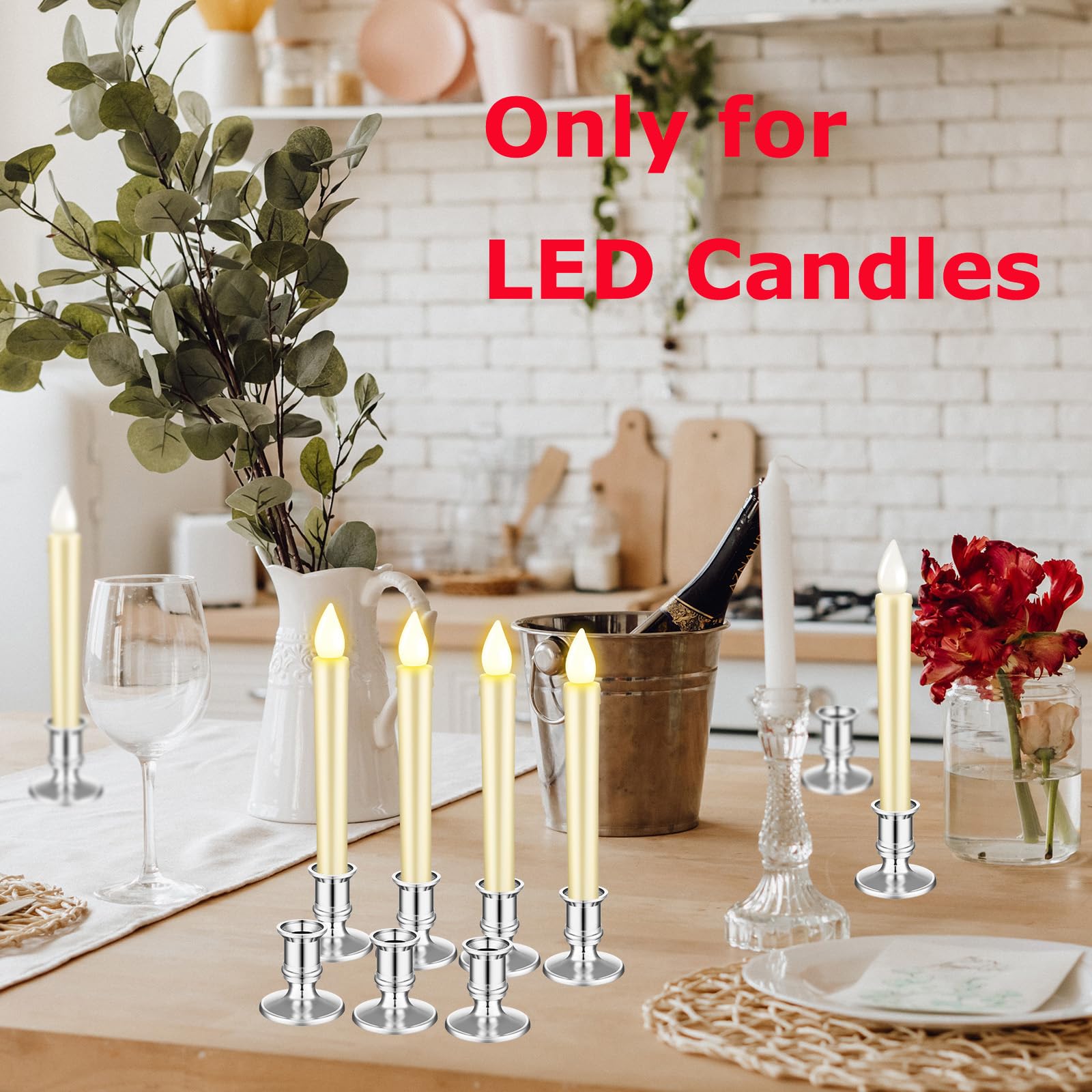 Silver Plastic Flameless LED Taper Candle Holders - 24 Pack Traditional Candlesticks for Halloween, Christmas, Wedding & Dinner Table Decor - Perfect for Centerpieces, Holiday Lighting and Romantic Ambiance
