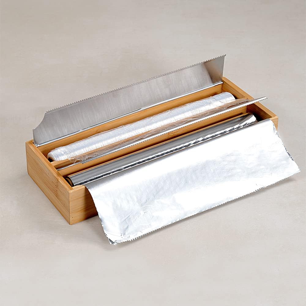 Bamboo Foil & Cling Film Dispenser - 2 Section Kitchen Organizer for Easy Food Wrapping & Storage | Perfect for Meal Prep, Leftovers & Kitchen Organization