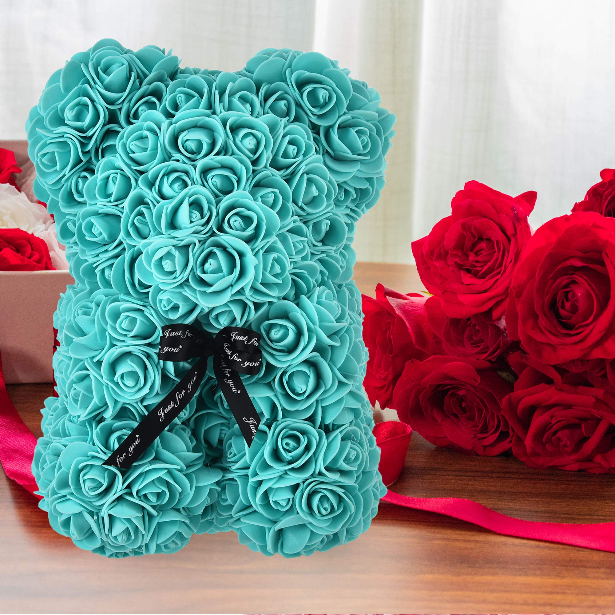 Eternal Rose Bear - Forever Rose Teddy Bear with Everlasting Flowers, Tiffany Blue Gift for Valentine's Day, Anniversary & Christmas | Romantic Home Decor & Window Display