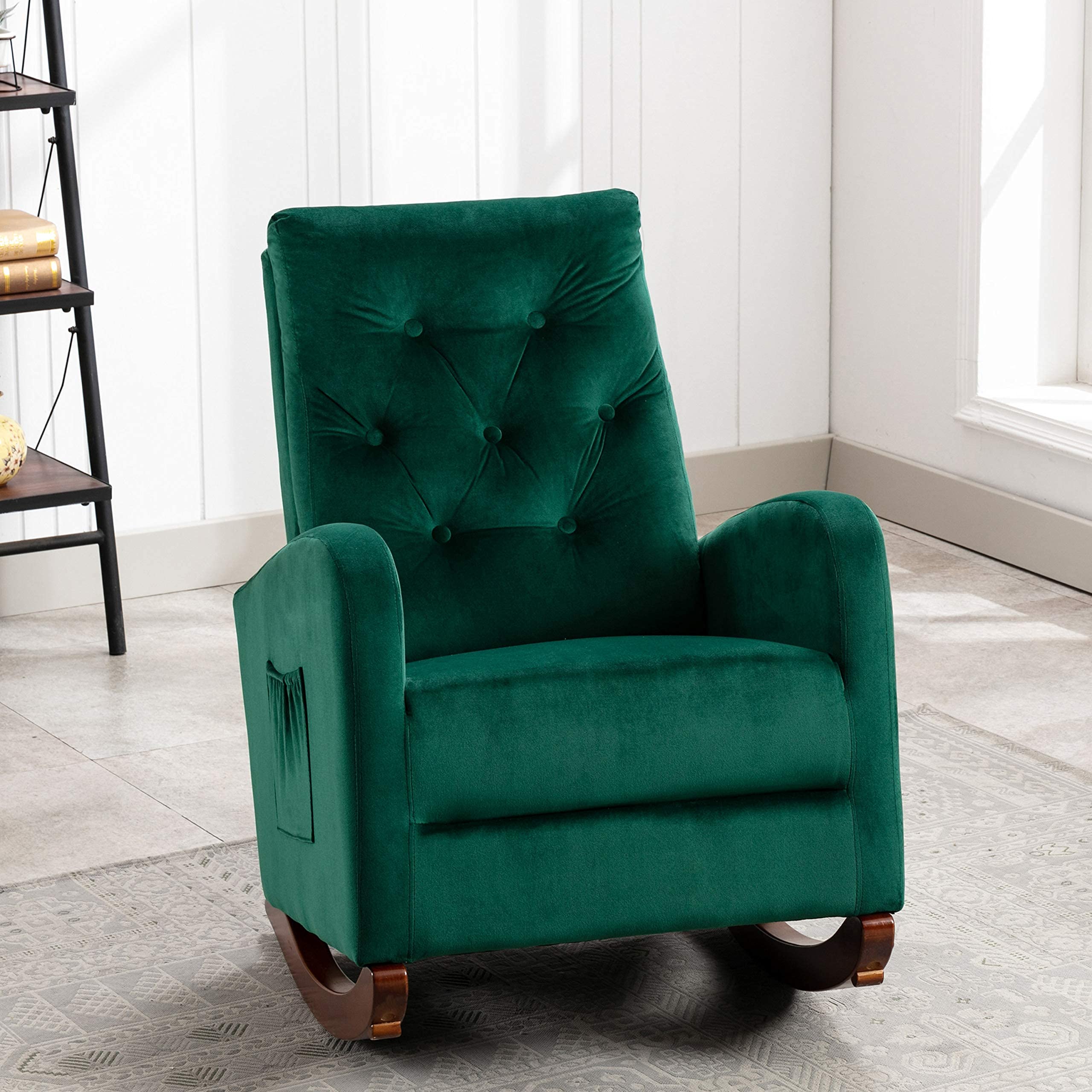 HomVent Baby Nursery Rocking Chair - High Back Comfortable Rocker with Fabric Padded Seat, Modern Armchair for Nursing & Feeding - Green (Perfect for Bedrooms, Nurseries & Breastfeeding Rooms)