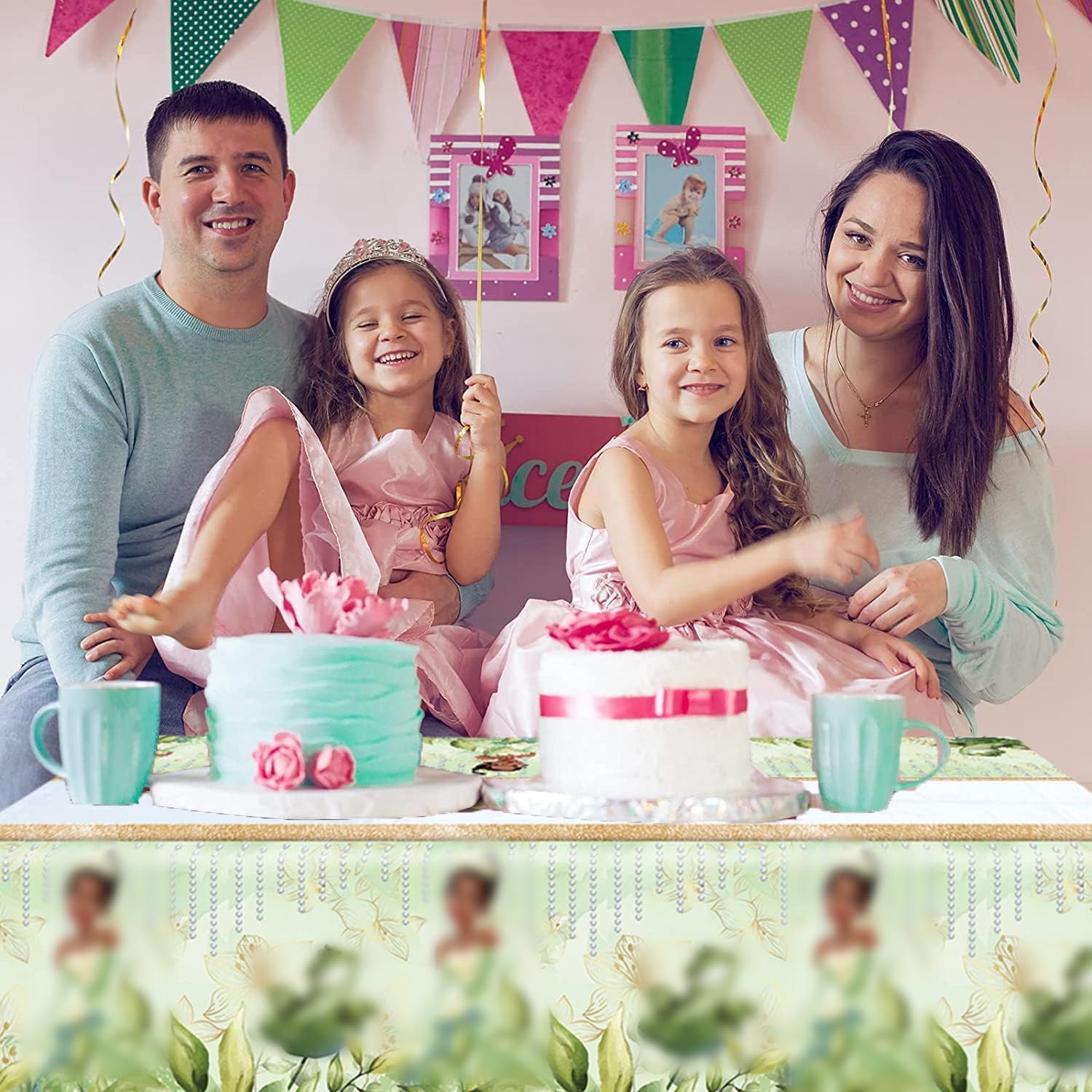 Princess and Frog Themed Green Floral Tablecloth - 70.8 x 42.5 Inch Birthday Party Decorations (2-Pack) for Girls' Princess Tea Party, Baby Shower & Fairy Tale Themed Events