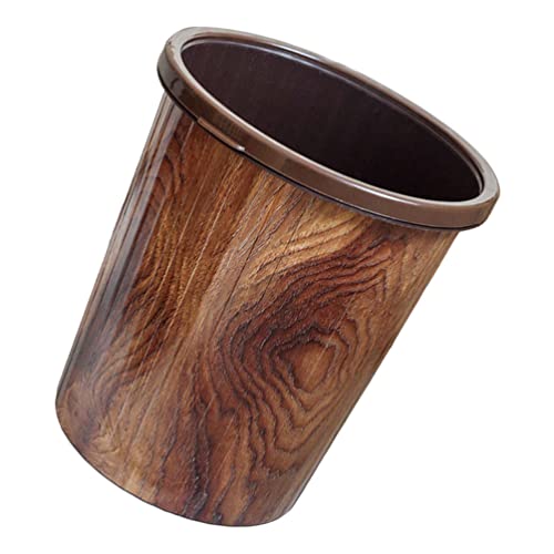 Vintage Round Wood Grain Trash Can - Hemoton 10L Imitation Wood Waste Bin for Kitchen, Bathroom & Home Decor | Eco-Friendly Brown Garbage Can for Office, Bedroom & Outdoor Use
