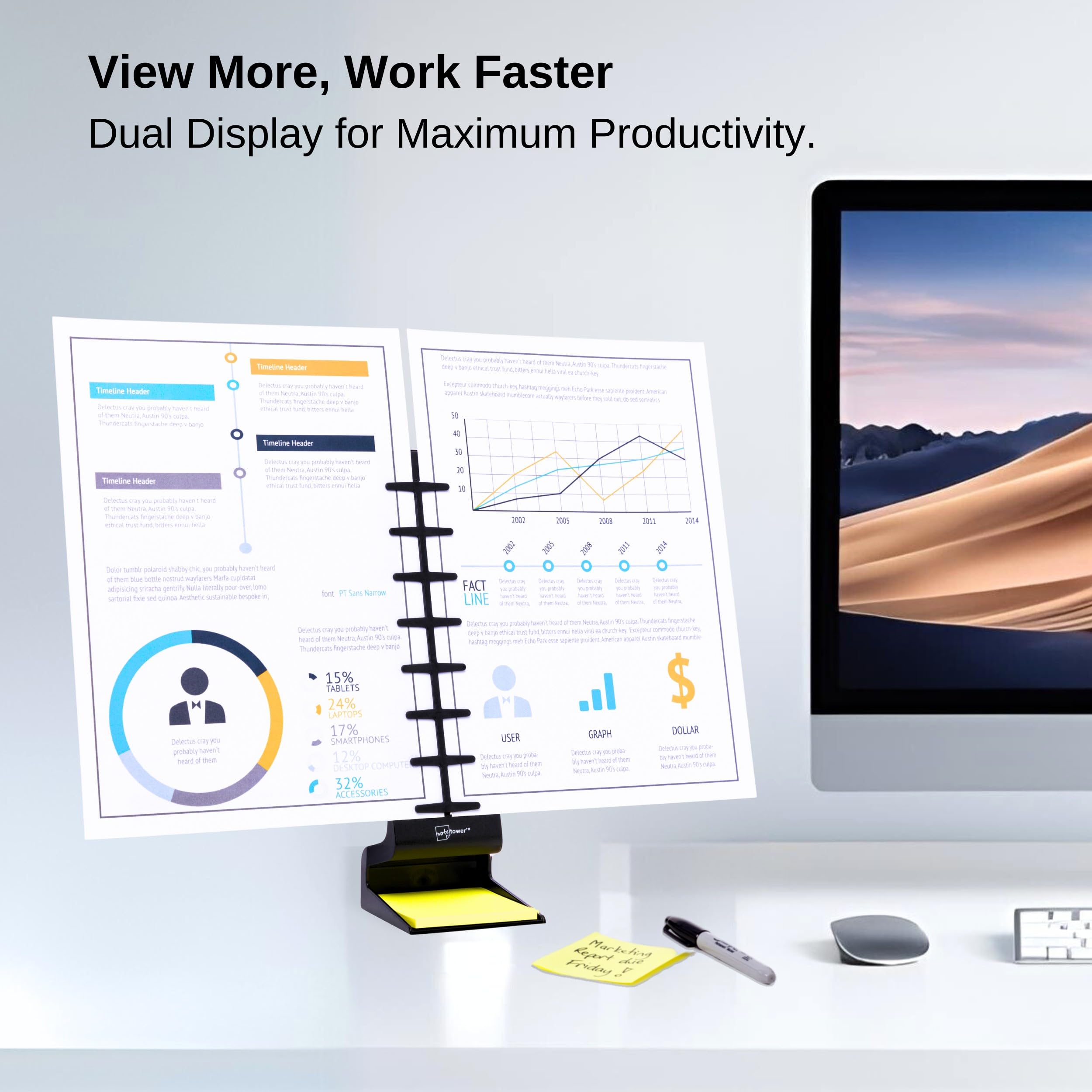 Note Tower Desktop Pro Dual Document Holder for Typing | Compact 2-Page Paper Stand for Desk | Black Document Organizer Holds Copy Paper, Photos & Sticky Notes | Includes 3x3 Post-it Notes - Perfect for Office Work, Study & Home Organization