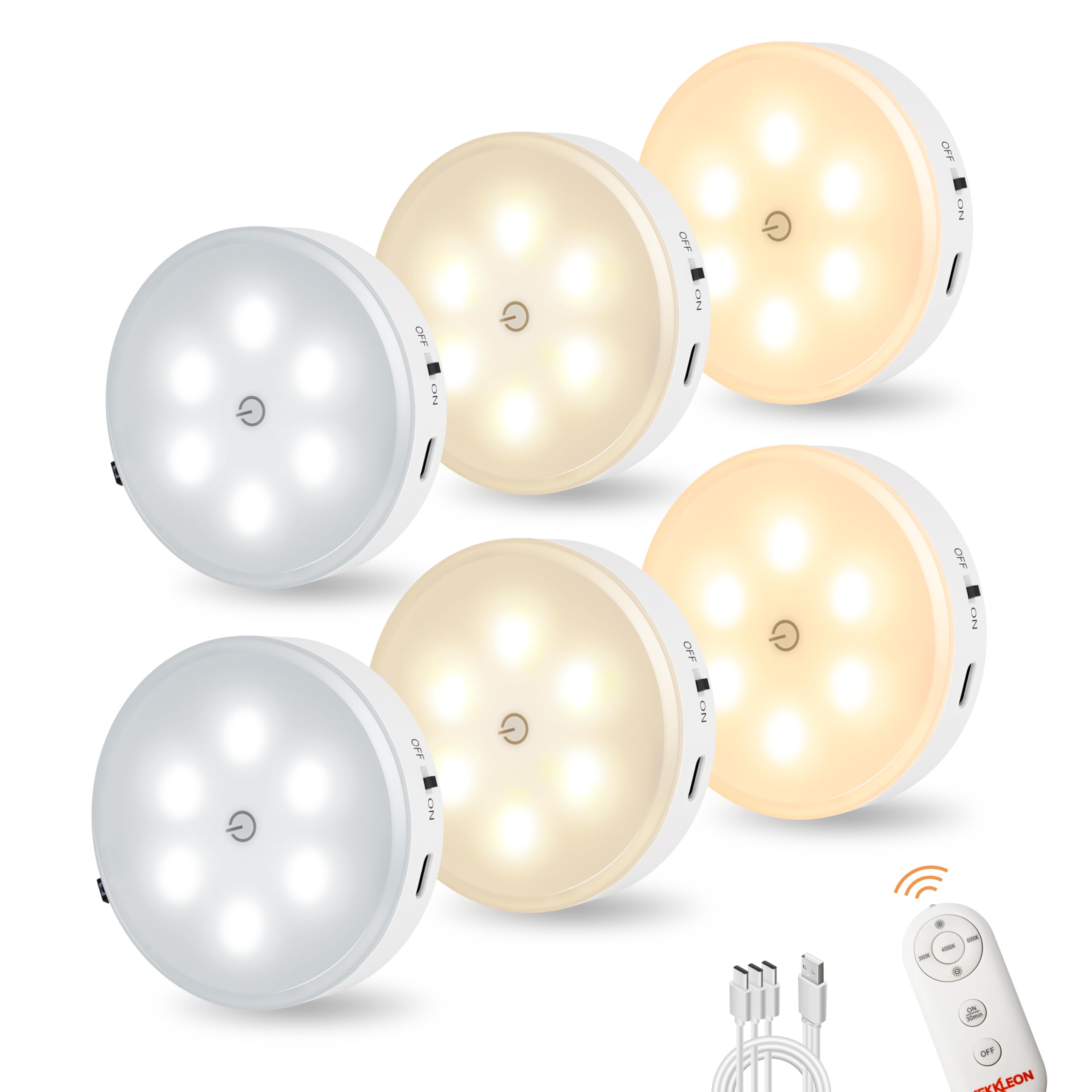 MEKKLEON 6-Pack Rechargeable Puck Lights with Remote Control - 1000mAh Battery Under Cabinet LED Lighting, Cordless Stick-On Tap Lights for Kitchen, Closet, Hallway & Stairway - Perfect for Night Lights, Wardrobe Illumination & Home Decor