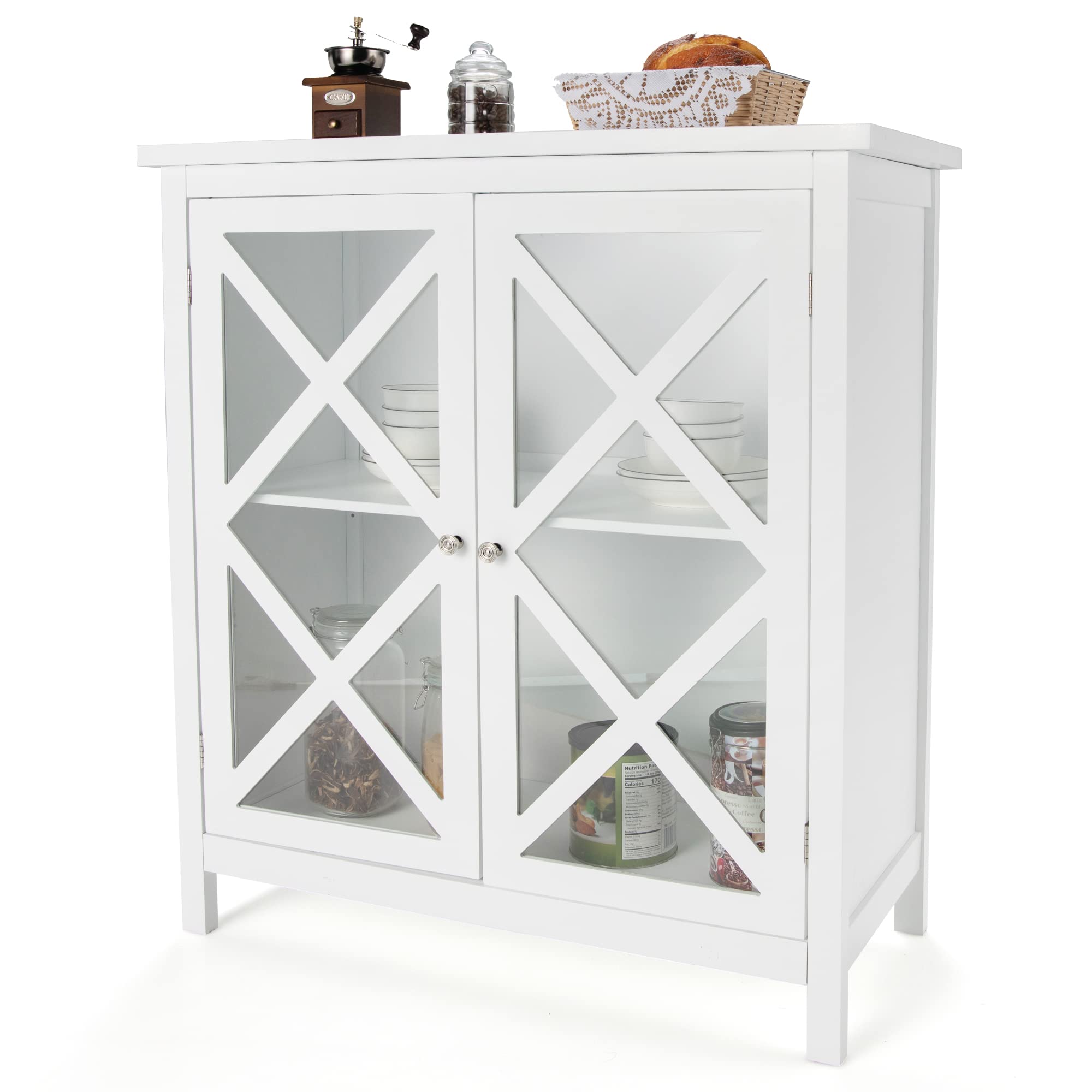 LOKO Buffet Cabinet - Modern Kitchen Storage Cabinet with Tempered Glass Doors & Adjustable Shelves, White Sideboard for Dining Room, Living Room, Bar - Perfect for Displaying China, Glassware & Liquor Collections (35.5