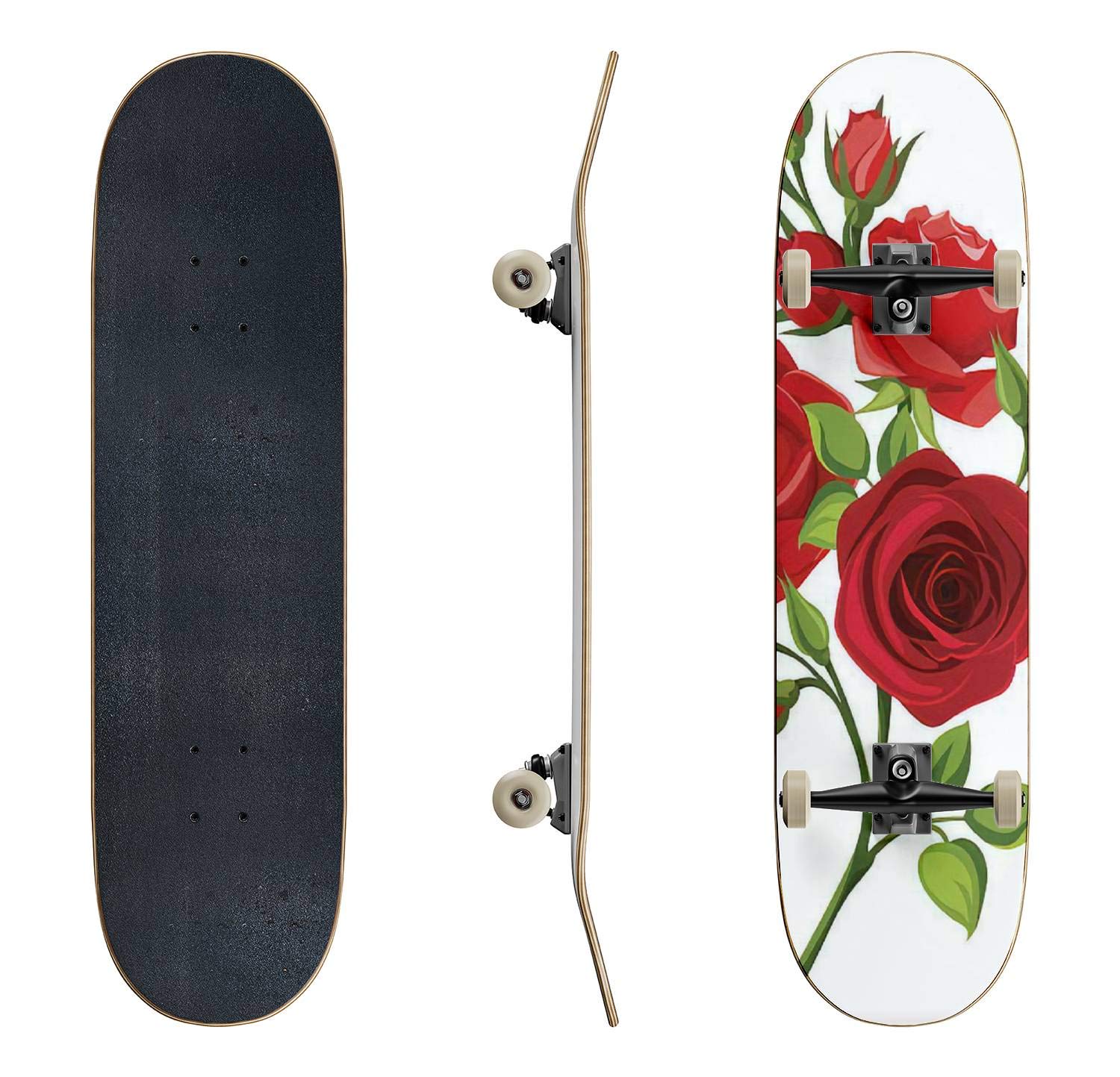 Red Roses Vector Illustration Skateboard - Classic Concave Longboard for Beginners & Professionals | Extreme Sports Gear, Cool Teen Gifts for Skateboarding Enthusiasts | Perfect for Street Skating, Park Tricks & Commuting