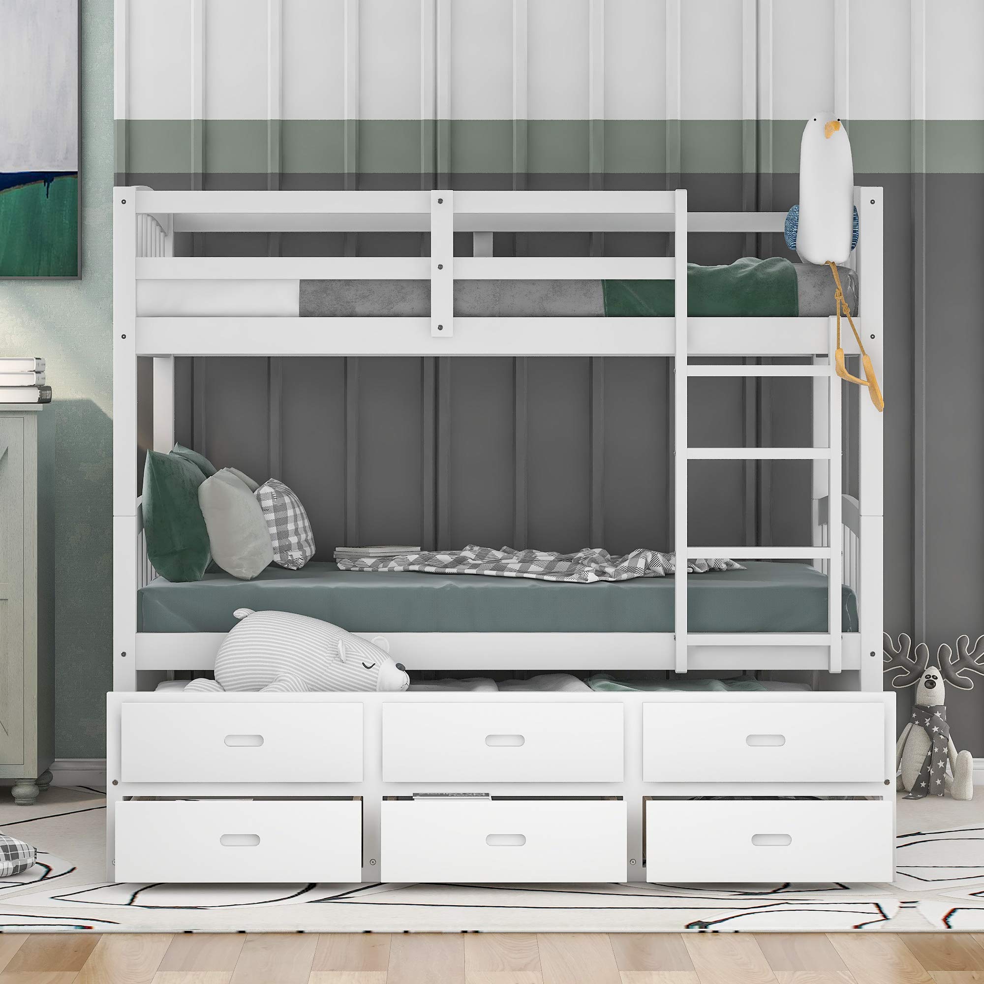 Twin Over Twin Bunk Bed for Kids - Solid Wood Bunk Beds with Trundle, Storage Drawers, 4-Step Ladder & Safety Guardrails - No Box Spring Needed (White + Pine) - Perfect for Small Bedrooms, Guest Rooms & Kids' Shared Spaces