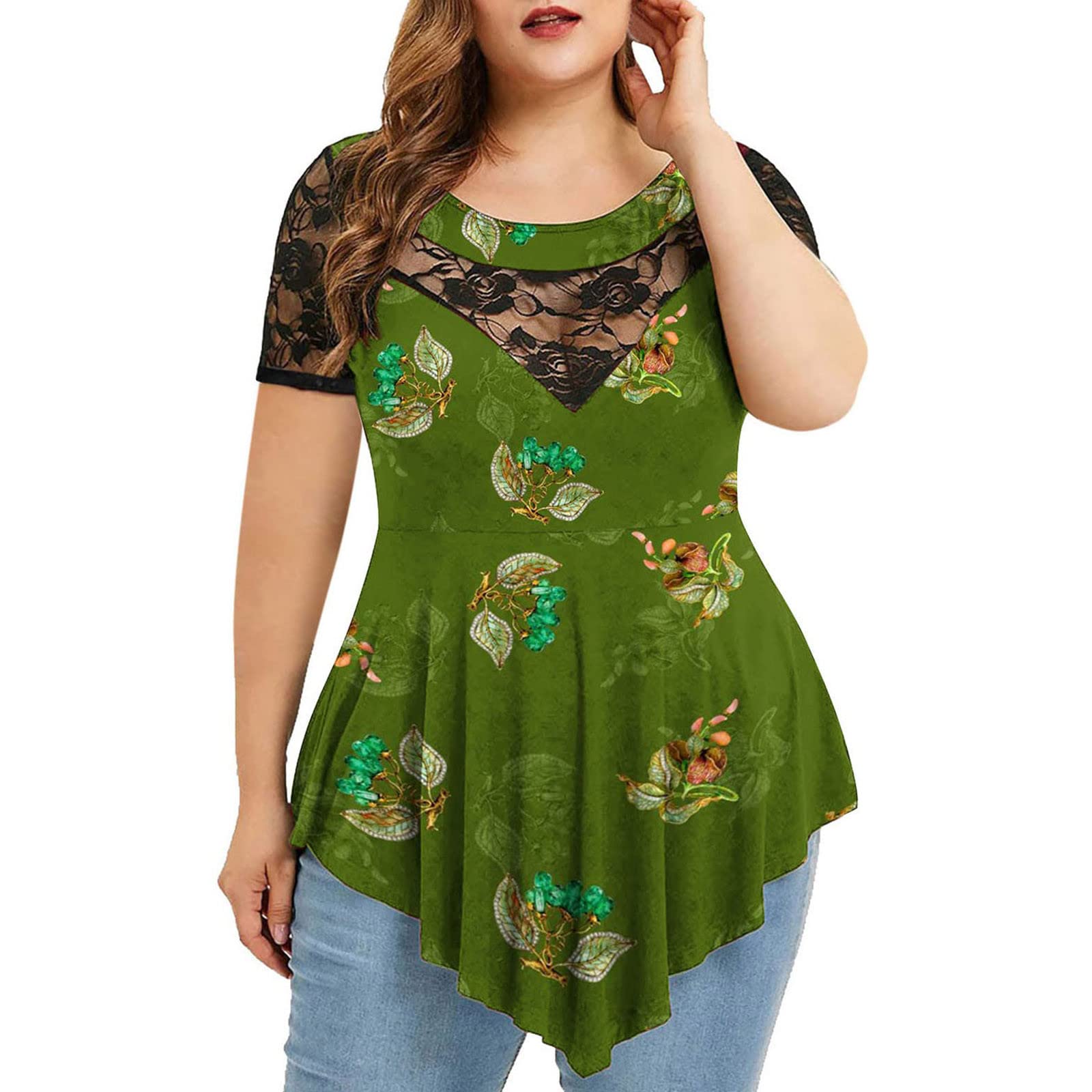Women's Lace Sleeve Casual Summer Tops & Tunics - Plus Size Flowy Blouses for Work, Date Night & Outdoor Events