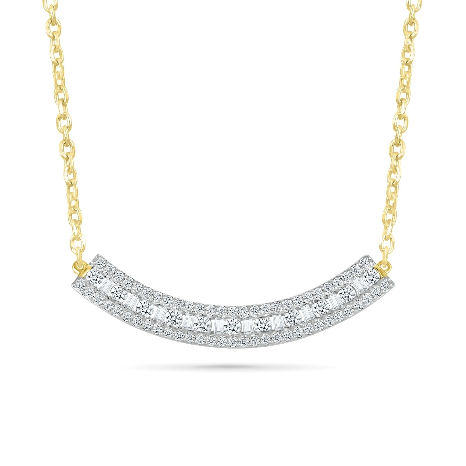 10K Yellow Gold Round & Emerald Cut Diamond Curved Necklace - Elegant Pendant for Women, Perfect for Weddings, Anniversaries & Special Occasions