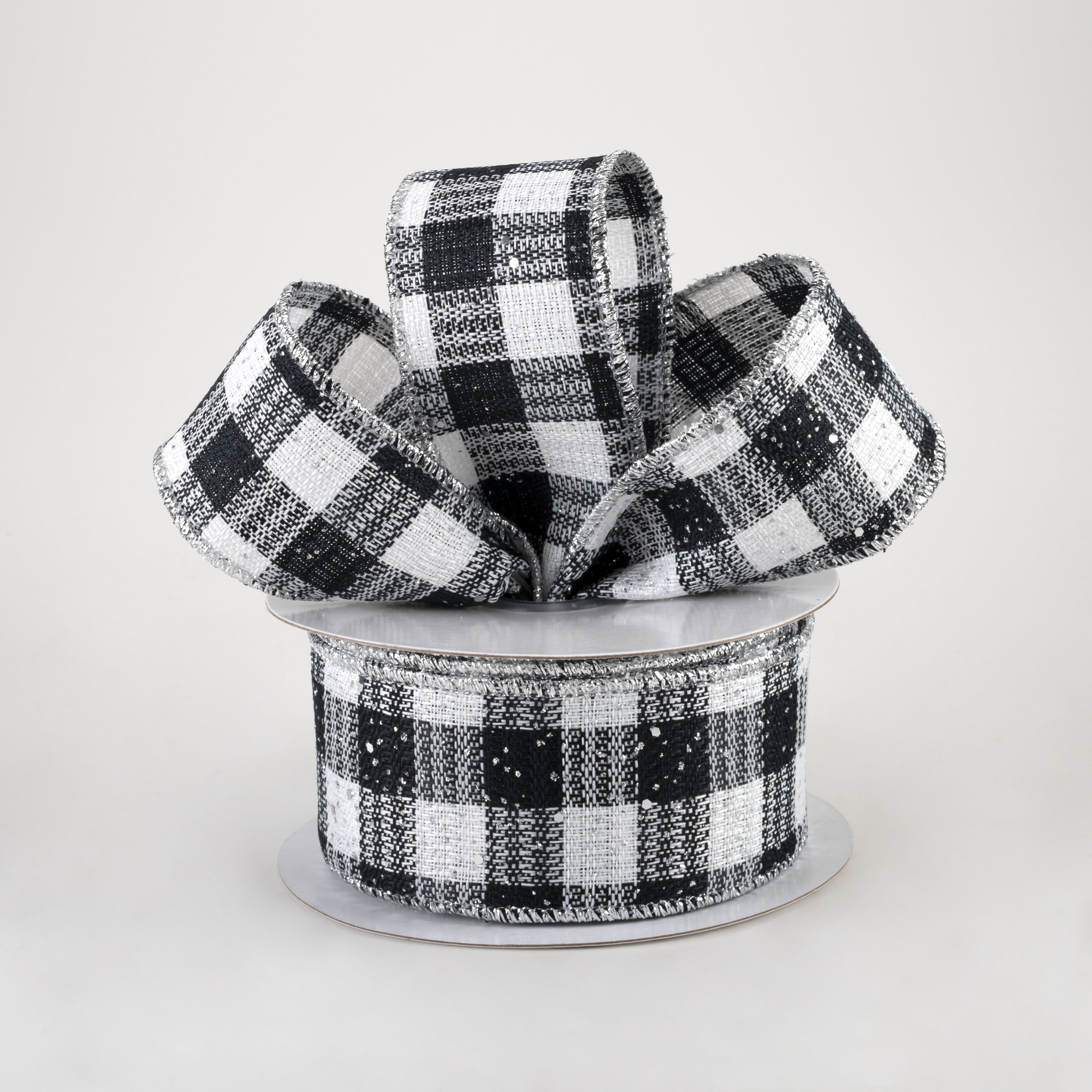 1.5 Inch Gingham Check Hex Glitter Ribbon - Black, White & Silver (10 Yards) for Gift Wrapping, DIY Crafts, Party Decorations & Scrapbooking