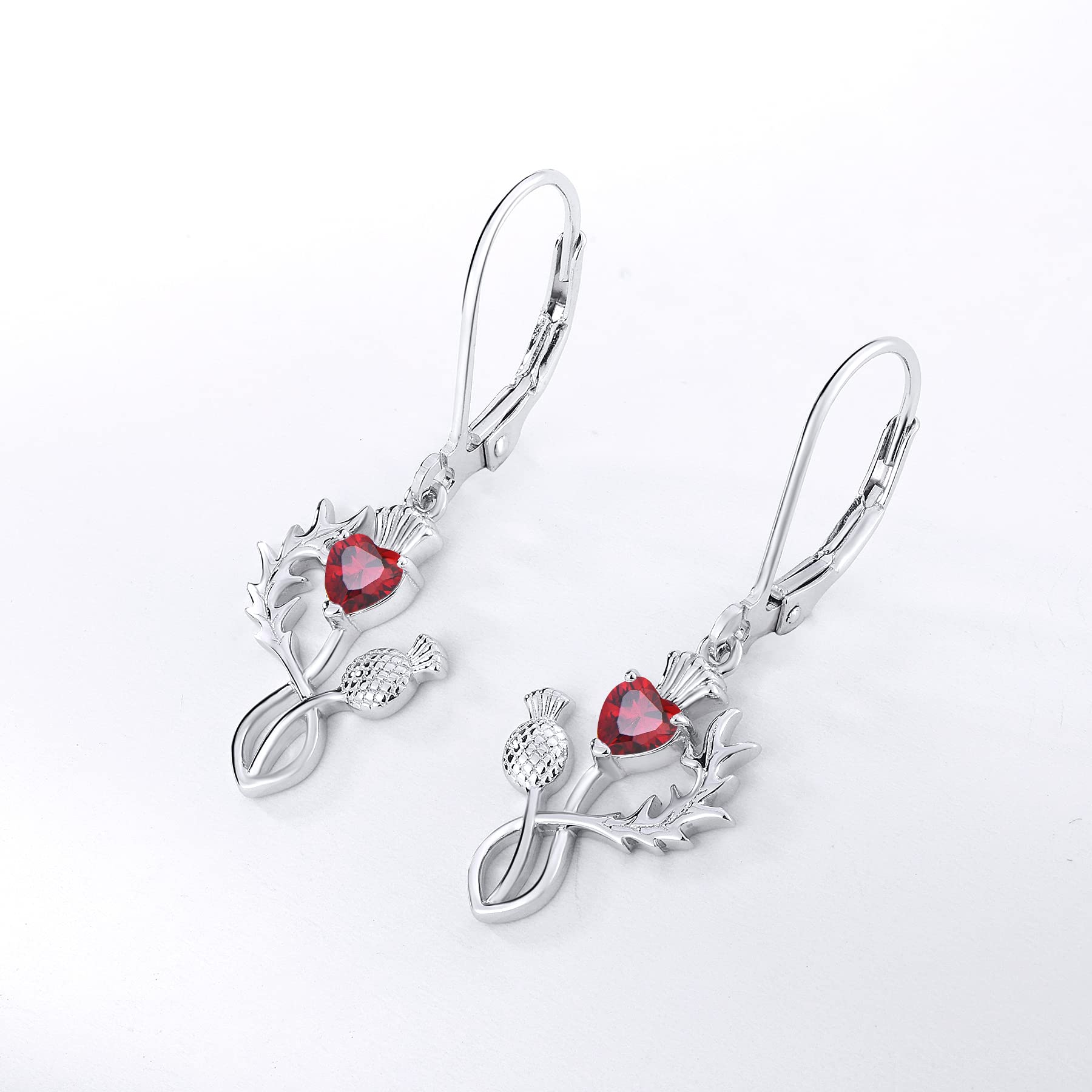 JO WISDOM Scottish Thistle Earrings - 925 Sterling Silver Scotland Flower Heart Outlander Drop Dangle Earrings with 3A CZ Birthstone - Women's Celtic Jewelry for Wedding, Party & Everyday Wear