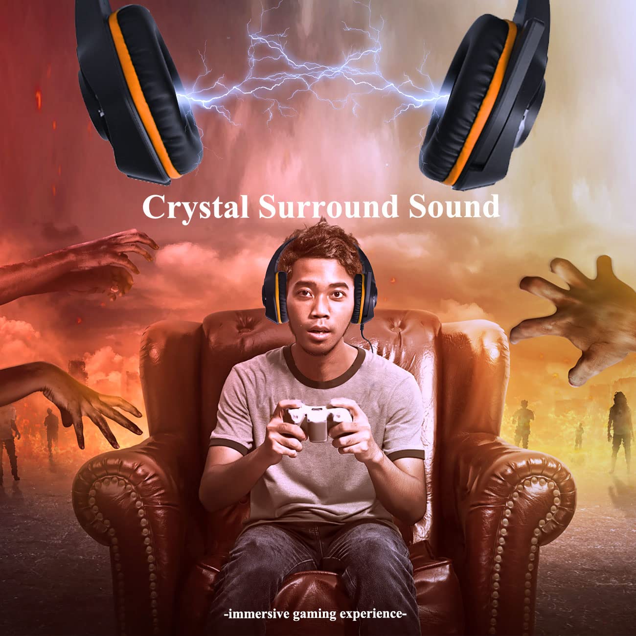 YOUXU Orange Gaming Headset with Mic - Noise Canceling Over Ear Headphones for Xbox One, PS4, PC, Laptop, Tablet, Mac & Smartphones - Stereo Bass Surround Sound - Perfect for Kids Gaming, Online Classes & Remote Work