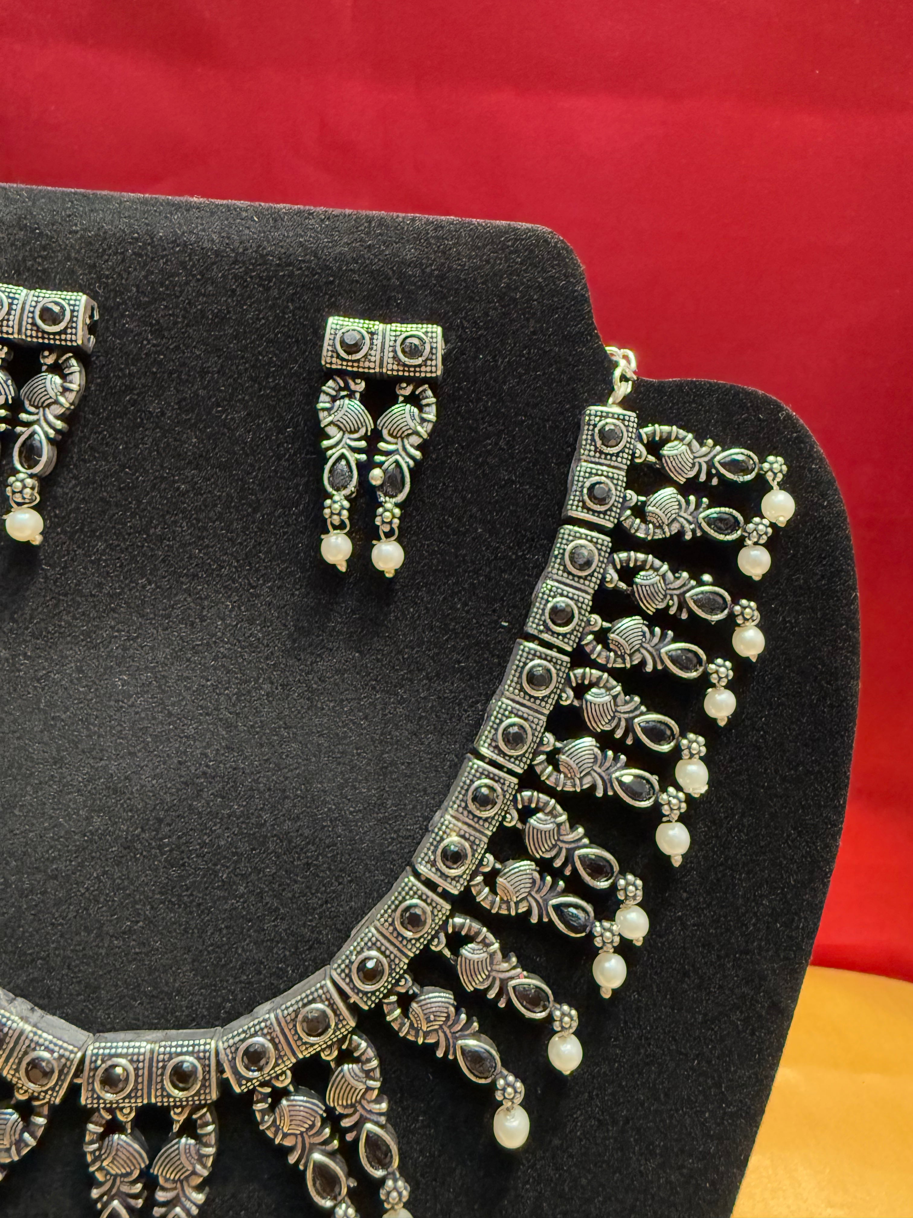 Elegant Black Oxidized Pearl Drop Necklace & Earrings Set - Perfect for Evening Parties, Weddings & Special Occasions