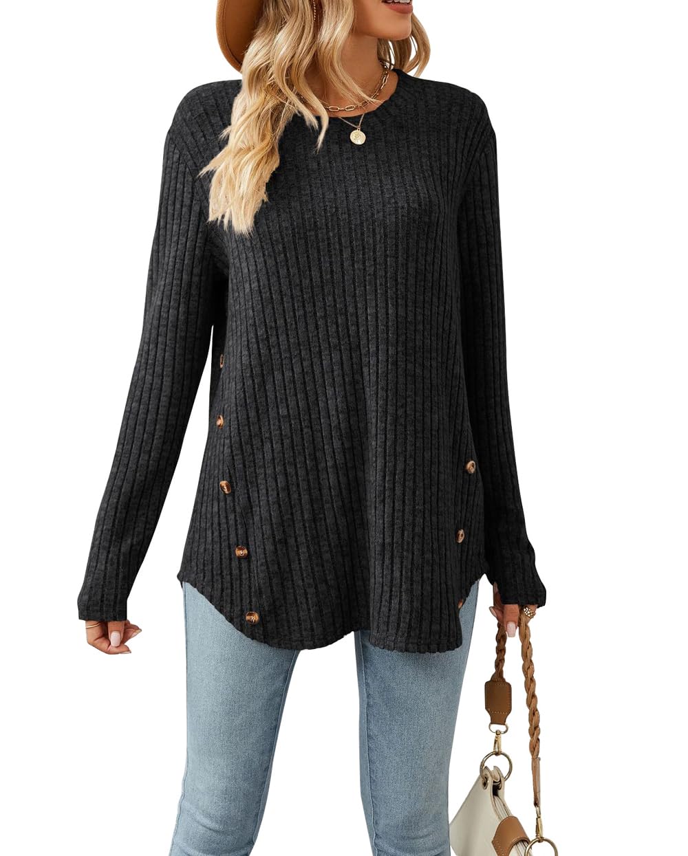 Lafural Women's Long Sleeve Tunic Tops - Fall Crew Neck Button Down Sweater Shirts for Women | Casual Office Wear & Autumn Layering