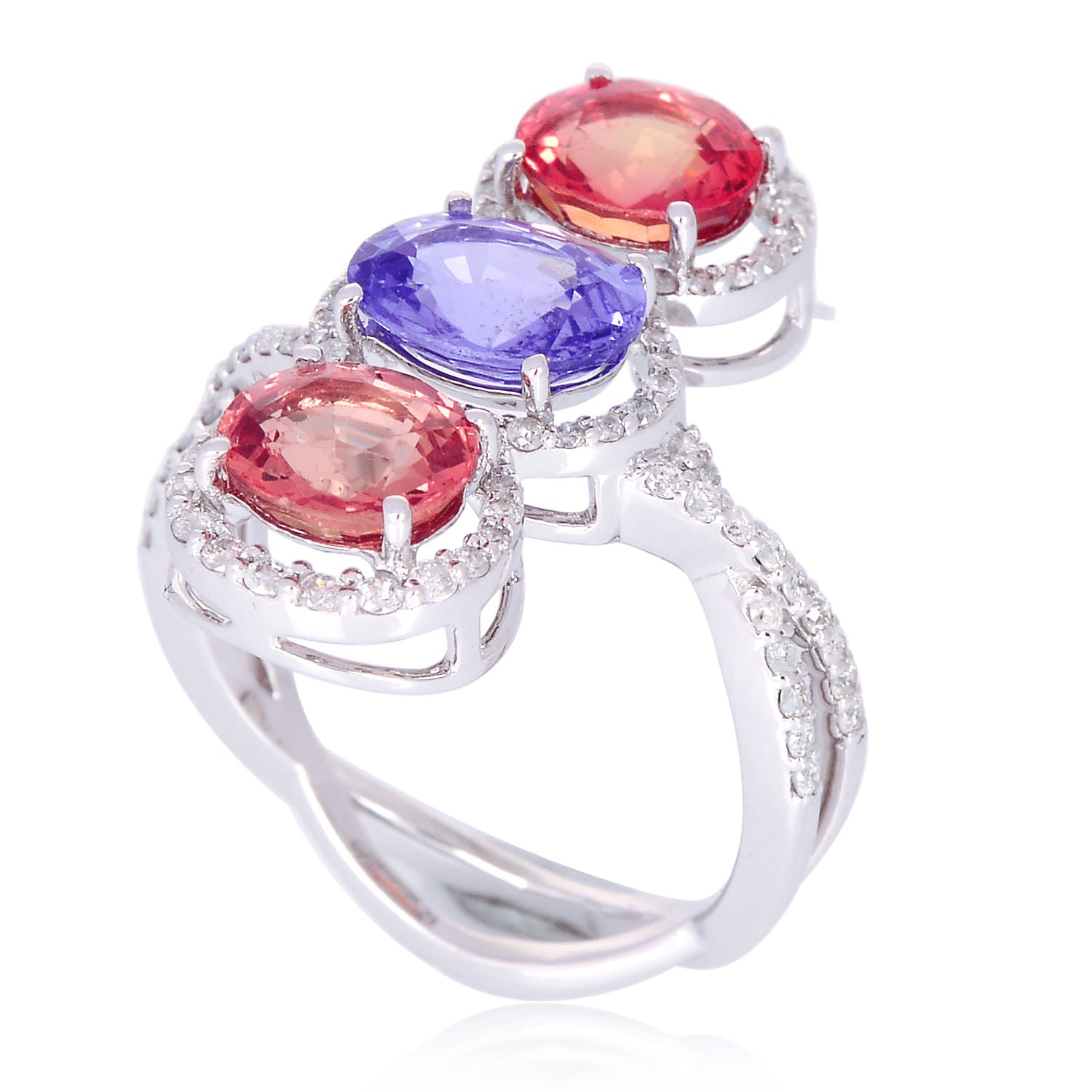 18K White Gold Oval Cut Multi Sapphire & Diamond Three Stone Ring for Women - Elegant Engagement, Wedding, Anniversary Jewelry Gift