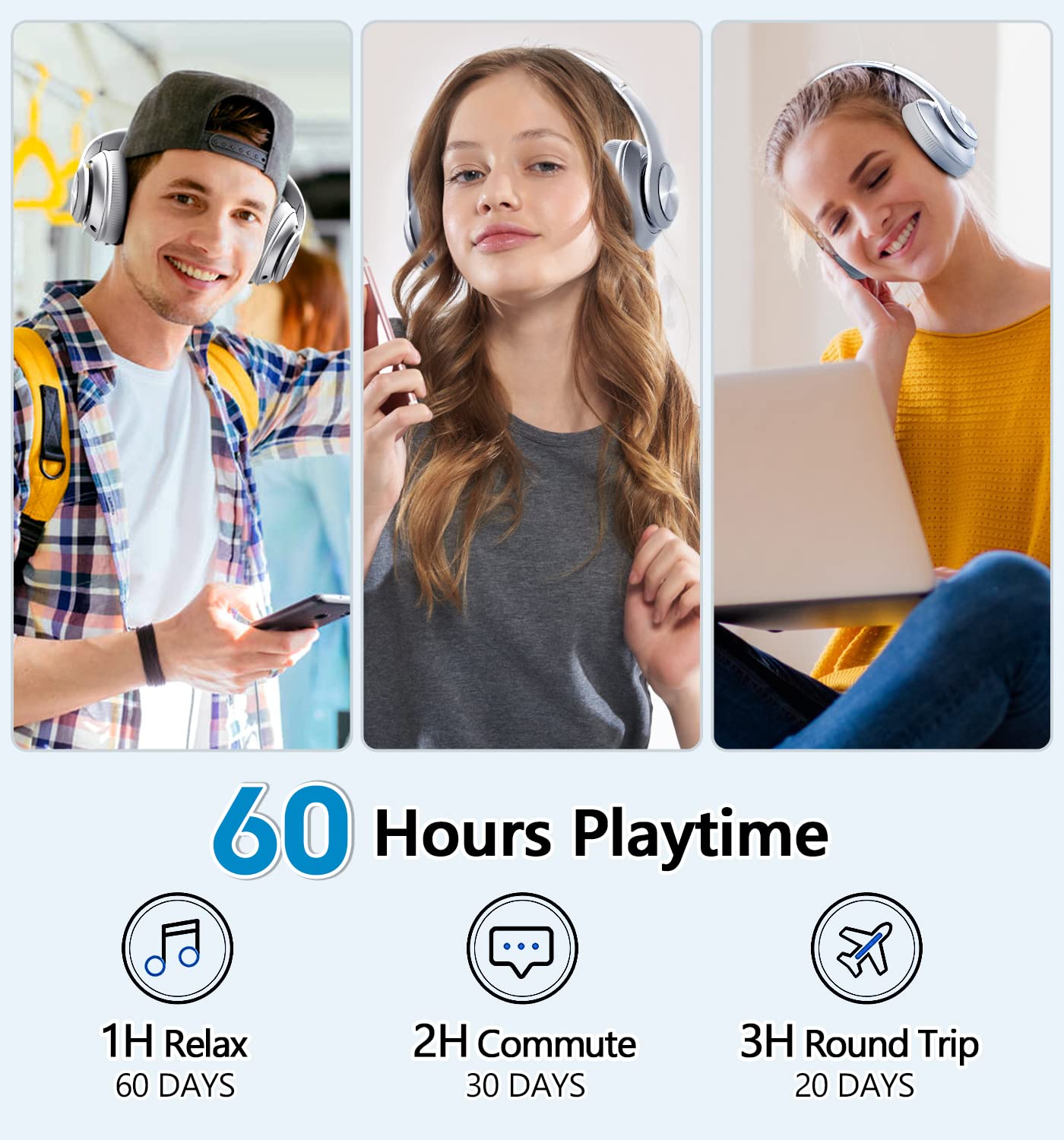 Wireless Bluetooth Headphones with 60-Hour Playtime, Foldable Lightweight Over-Ear Design, Hi-Fi Stereo & 6 EQ Modes - Deep Bass Adjustable Headset with Built-in Mic, FM Radio & TF Card Slot for Adults - Perfect for Travel, Workouts & Home Entertainment