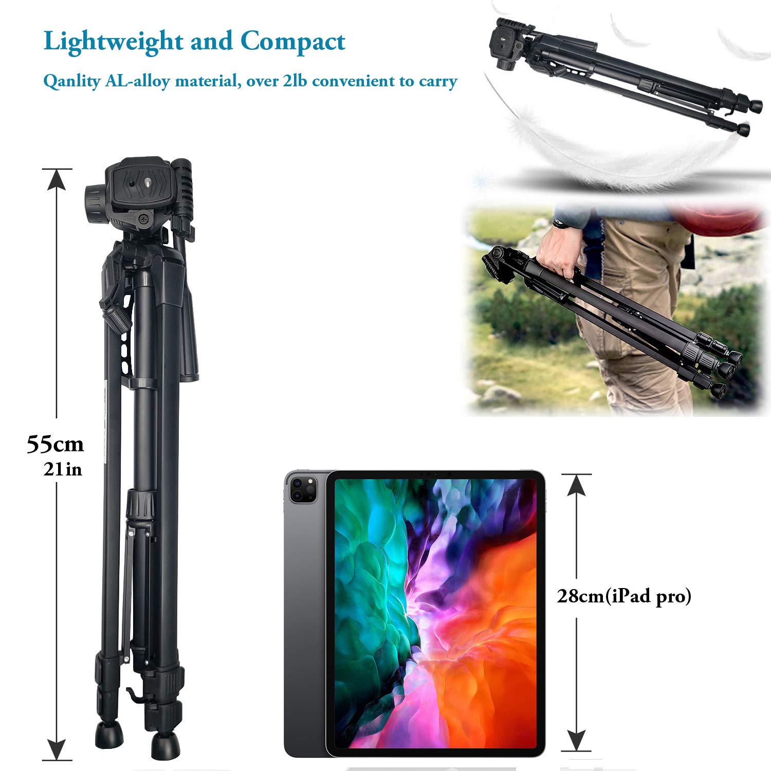 Heavy Duty 60-inch Adjustable Tripod Stand for iPad, iPhone, Tablet (3.5-13.5 inch) - Compatible with iPad Pro/Air/Mini 12.9/11, DSLR Cameras - Includes Remote for Video Calls, Zoom Meetings & Photography