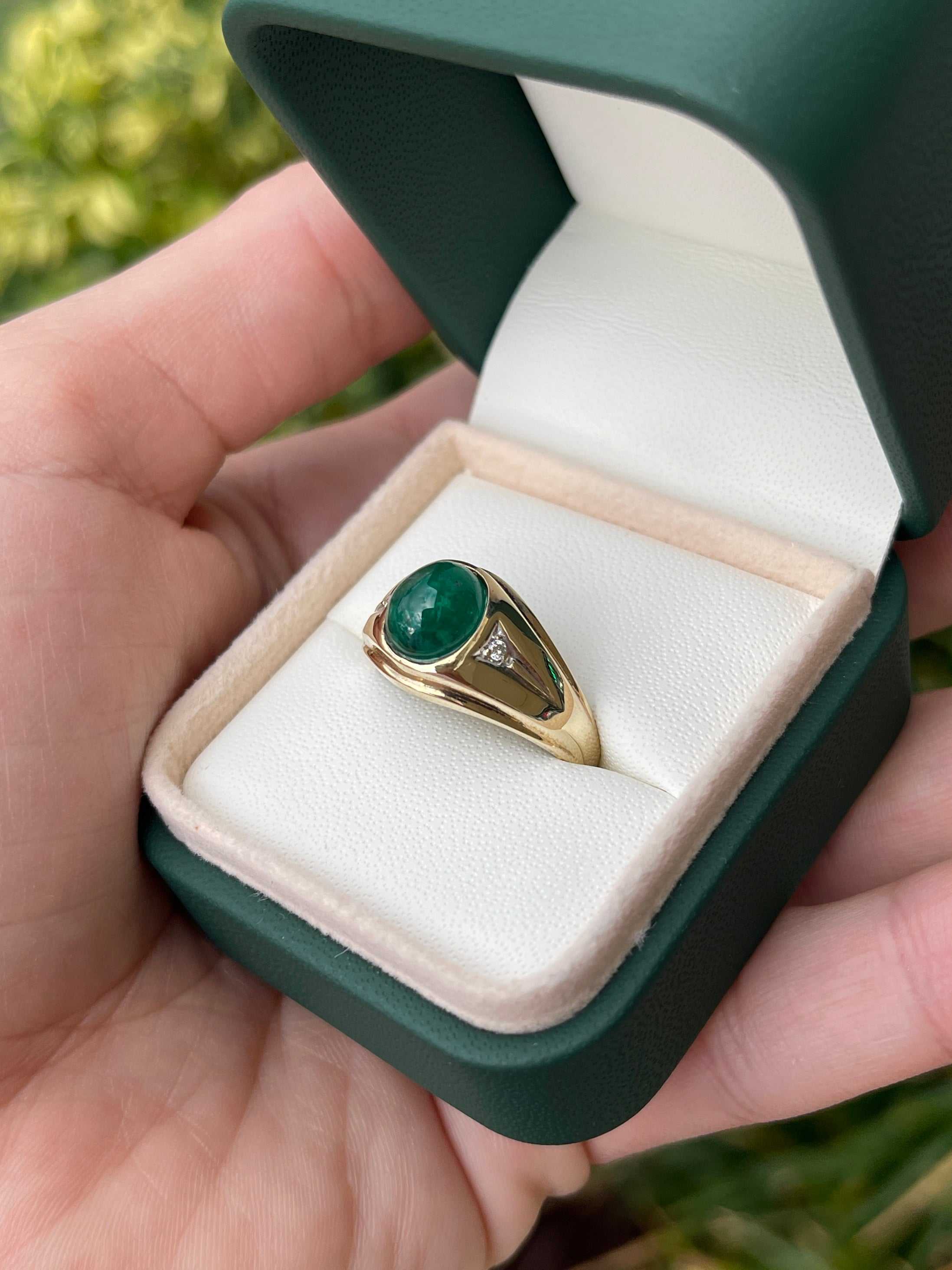 3.20tcw Natural Emerald Cabochon & Diamond Three Stone Men's Ring in 14K Gold - Perfect for Everyday Wear, Wedding Bands & Anniversary Gifts