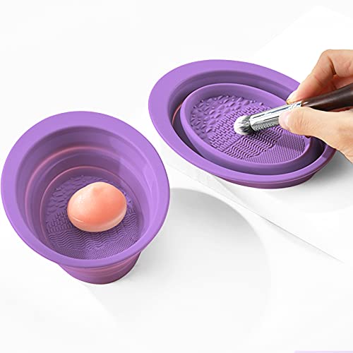 Silicone Makeup Brush Cleaning Mat - Foldable Cosmetic Brush Cleaner Pad & Bowl for Makeup Brushes, Sponges, Powder Puffs | Perfect for Home & Travel Makeup Organization (Purple)
