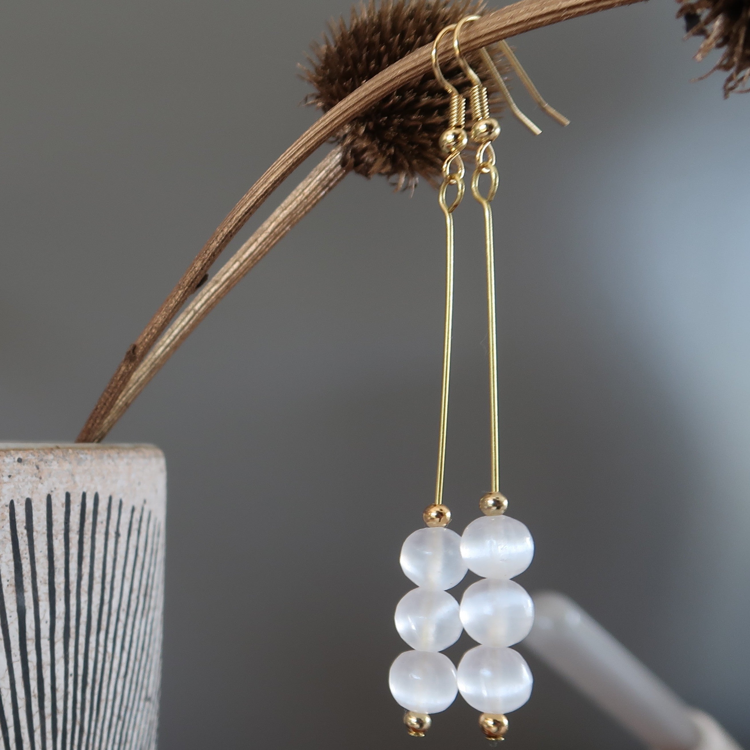 Selenite Earrings for Women - Radiant White Beads with Gold Plated Long Dangle Drop | Healing Crystal Jewelry for Meditation, Yoga & Spiritual Gifts