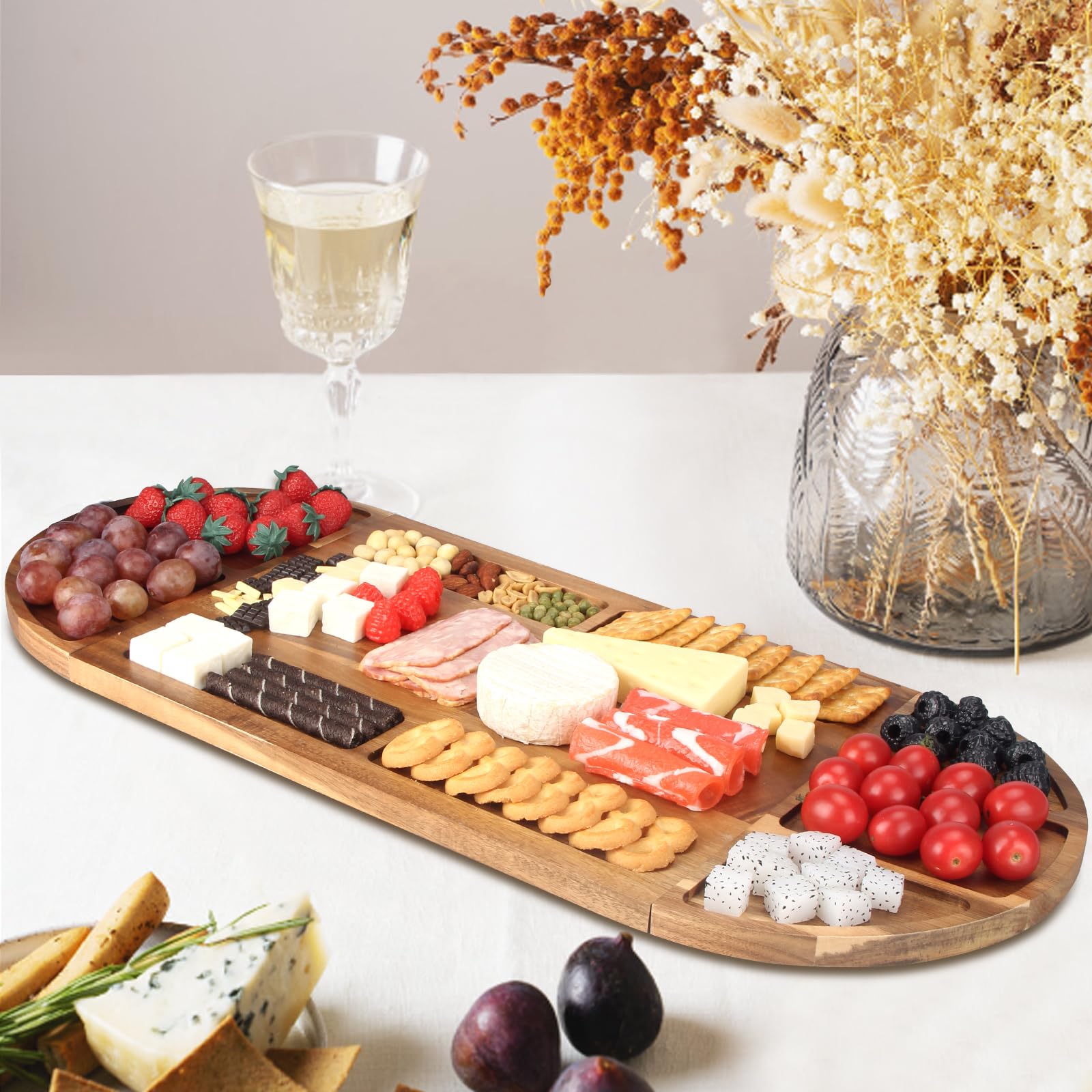 28x12 Inch Extra Large Wooden Charcuterie Board Set - 3-Piece Magnetic Cheese Serving Tray with Acacia Wood Platter for Charcuterie, Cheese & Meat | Perfect for Entertaining, Housewarming Gifts & New Home Gifts for Women