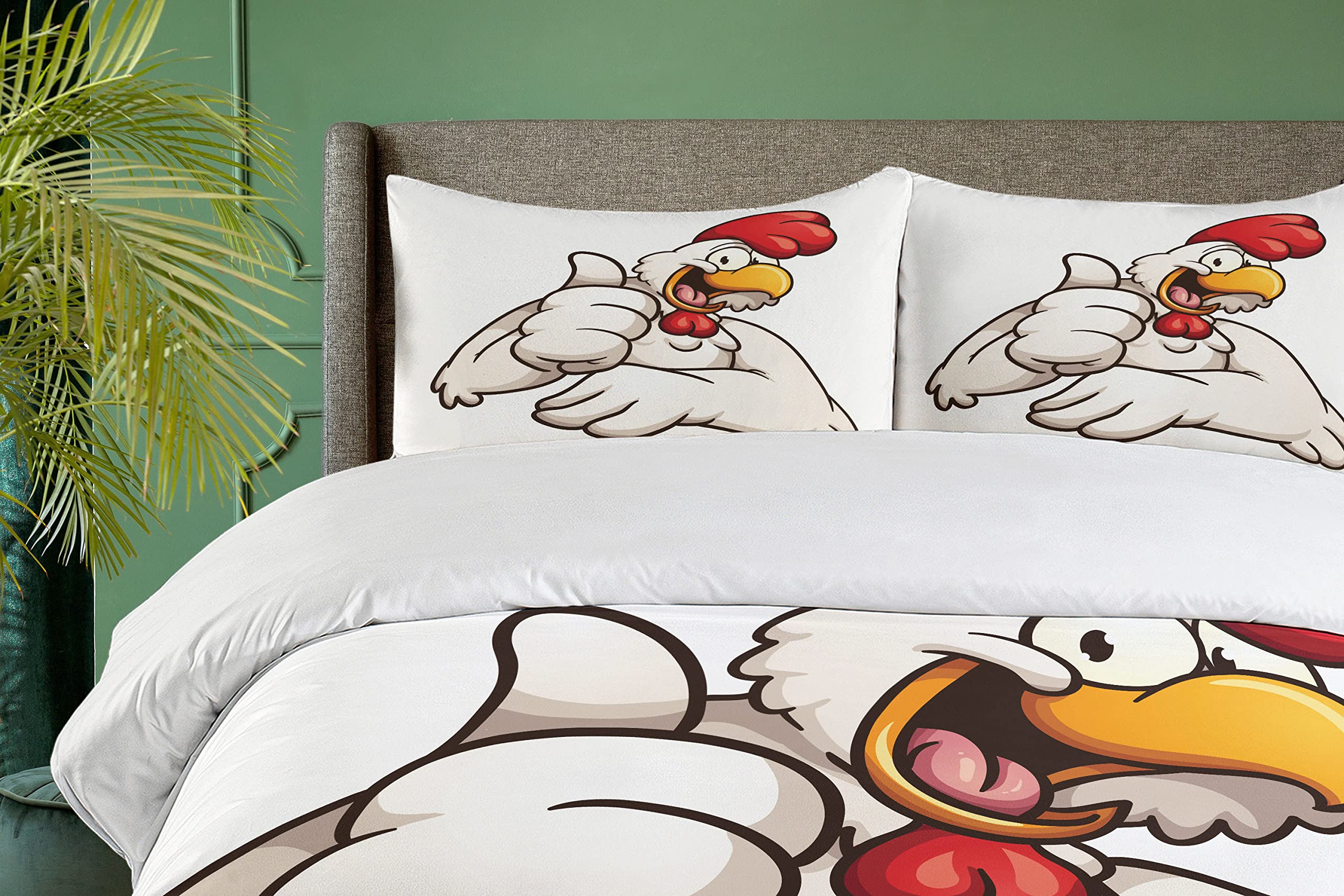 Ambesonne Smile Duvet Cover Set - Cartoon Style Joyous Chicken with Funny Thumbs Up Design | 3-Piece King Size Bedding Set with 2 Pillow Shams in White Vermilion Eggshell | Perfect for Kids' Rooms, Teen Bedrooms & Whimsical Home Decor