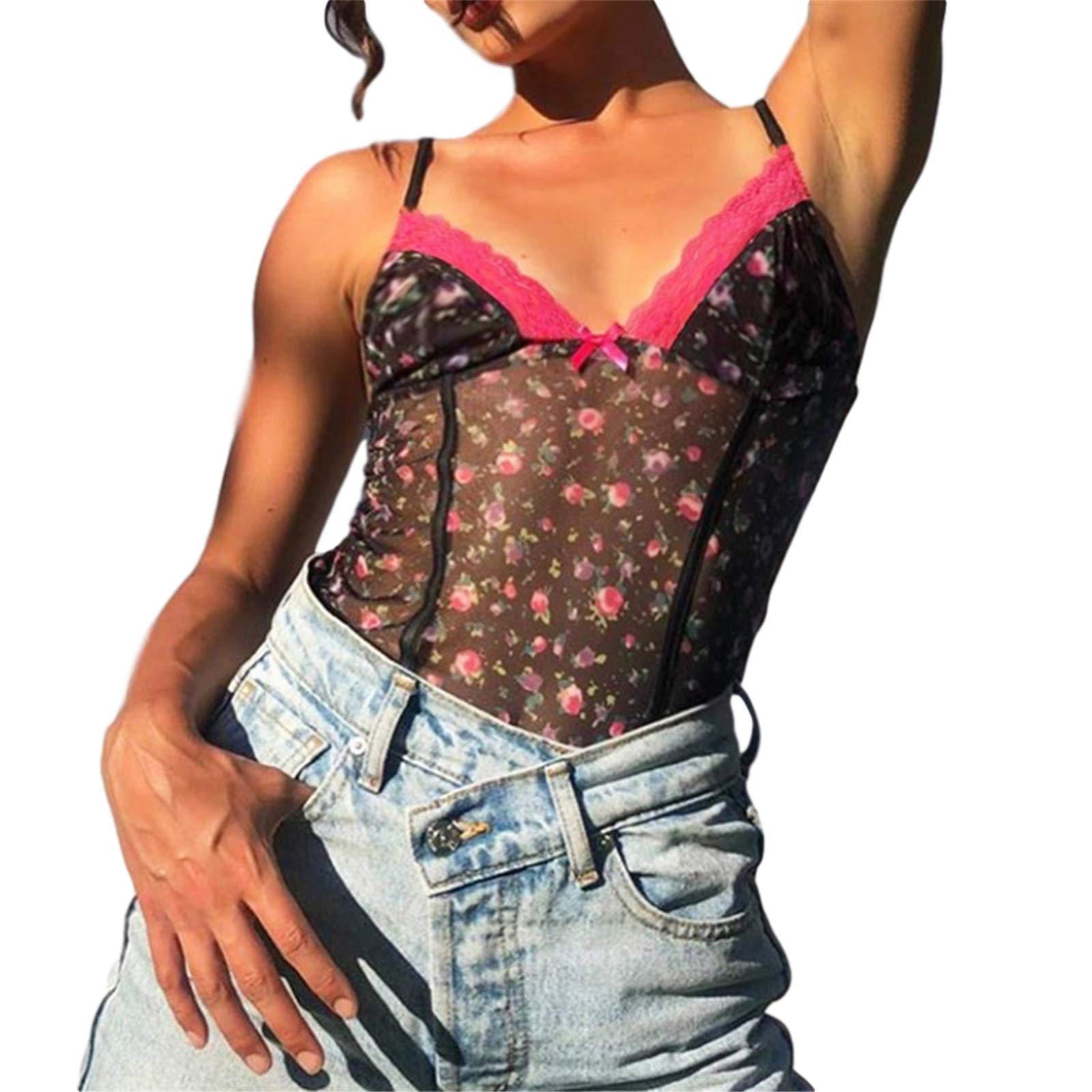 Y2K Sexy Camisole Top for Women - Sheer Mesh V-Neck Lace Trim Sleeveless Backless Summer Top | Perfect for Beach, Party & Night Out