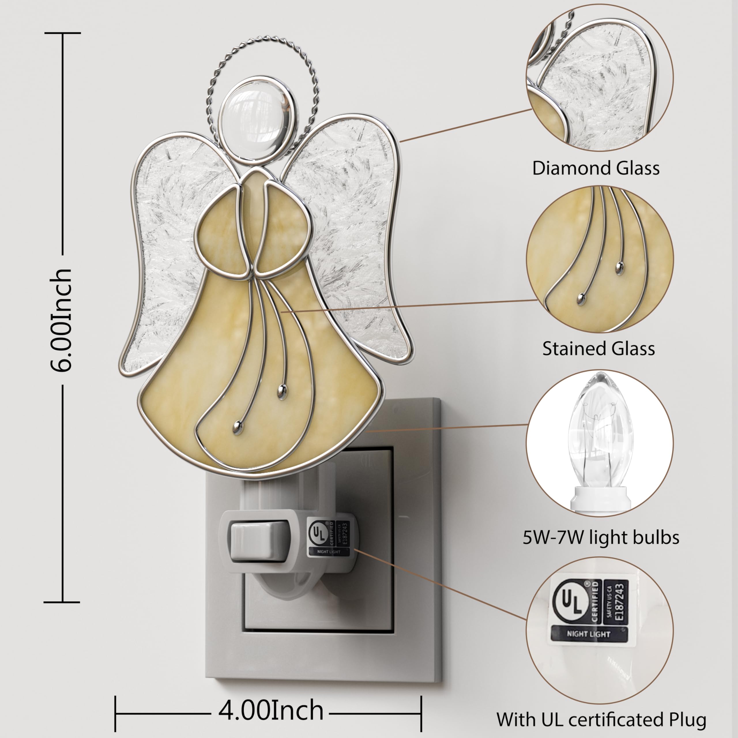 Angel Night Light Plug in Wall - Stained Glass Decorative Nightlight for Bedroom, Hallway, Kitchen - Perfect Gift for Mom on Mother's Day, Birthday, Christmas & Valentine's Day - Creates Soothing Ambiance for Nighttime Relaxation and Safe Navigation