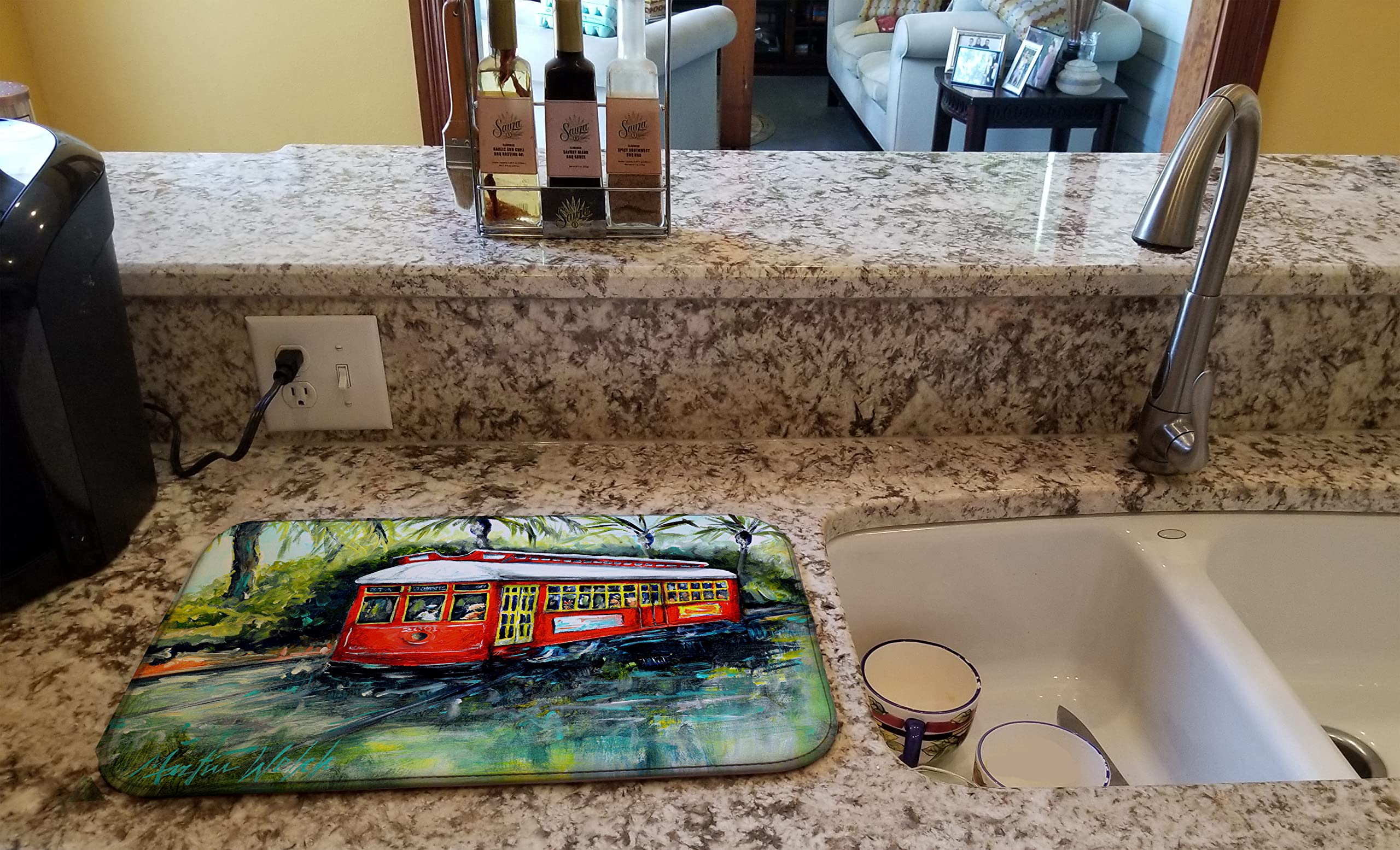 Little Red Street Car Dish Drying Mat - Absorbent Kitchen Counter Mat for Dishes, 14 x 21 Inches, Multicolor - Perfect for Drying Dishes, Protecting Countertops & Adding Retro Style to Your Kitchen