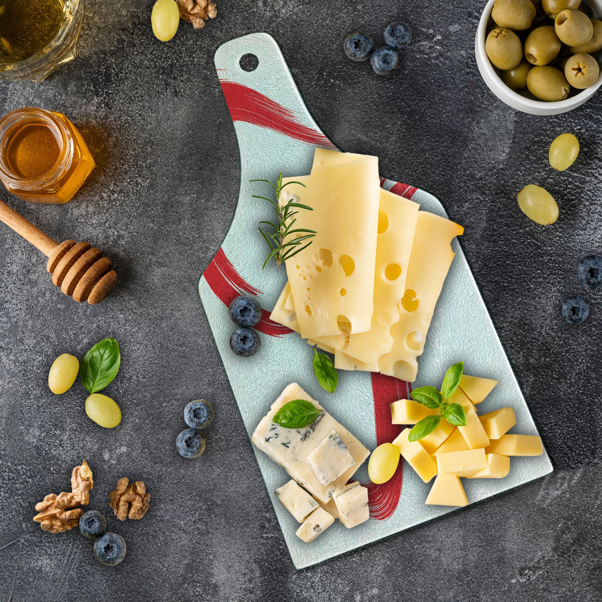 Ambesonne Love Heart Cutting Board - Romantic Brush Drawing Heart Symbol, Tempered Glass Serving Board for Kitchen & Dining - Unique Wine Bottle Shape, Red Blue White Design - Perfect for Valentine's Day Gifts, Anniversary Presents & Couples Cooking Together