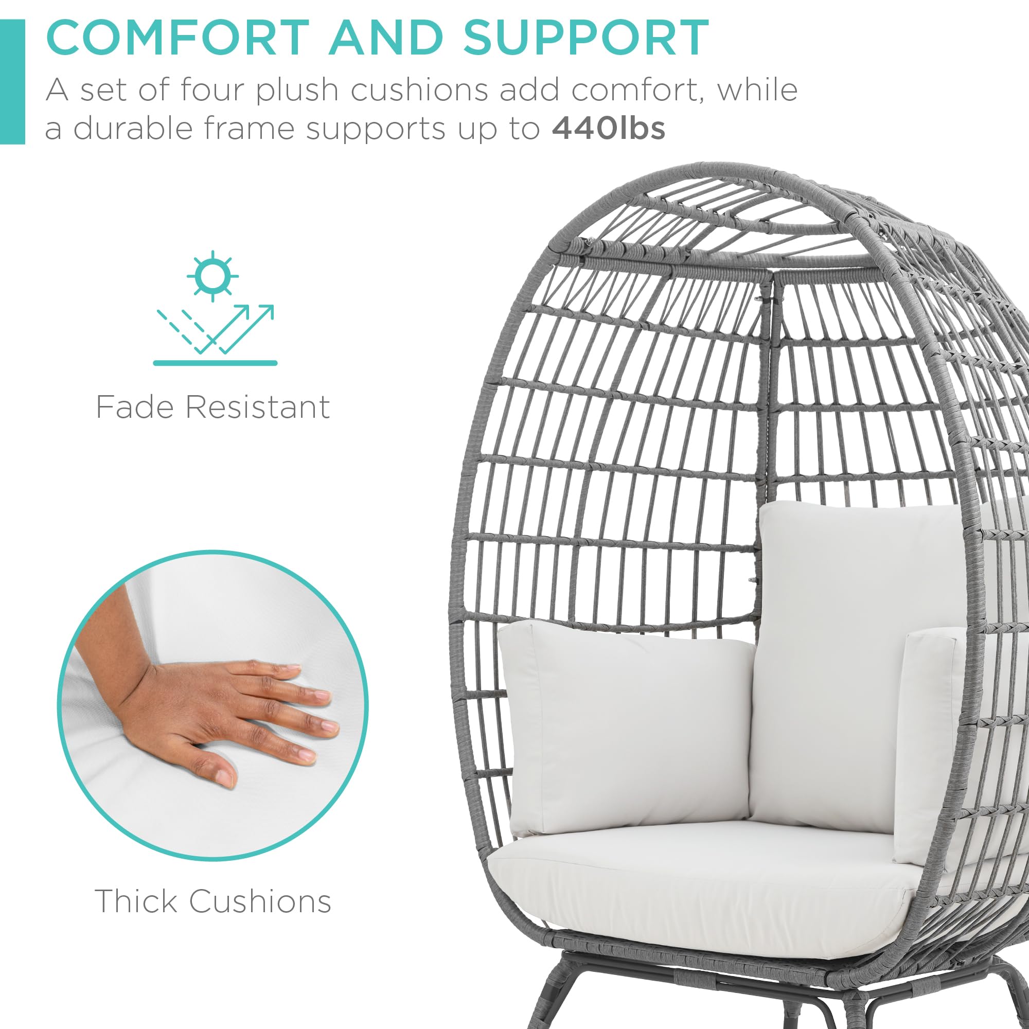 Best Choice Products Oversized Wicker Egg Chair - Indoor/Outdoor Hanging Lounge Chair with 4 Cushions & Steel Frame (440lb Capacity) - Gray/White Sand - Perfect for Patio, Backyard, Living Room, Garden Relaxation